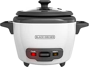 BLACK+DECKER Rice Cooker 3 Cups Cooked (1.5 Cups Uncooked) with Steaming Basket, Removable Non-Stick Bowl, White