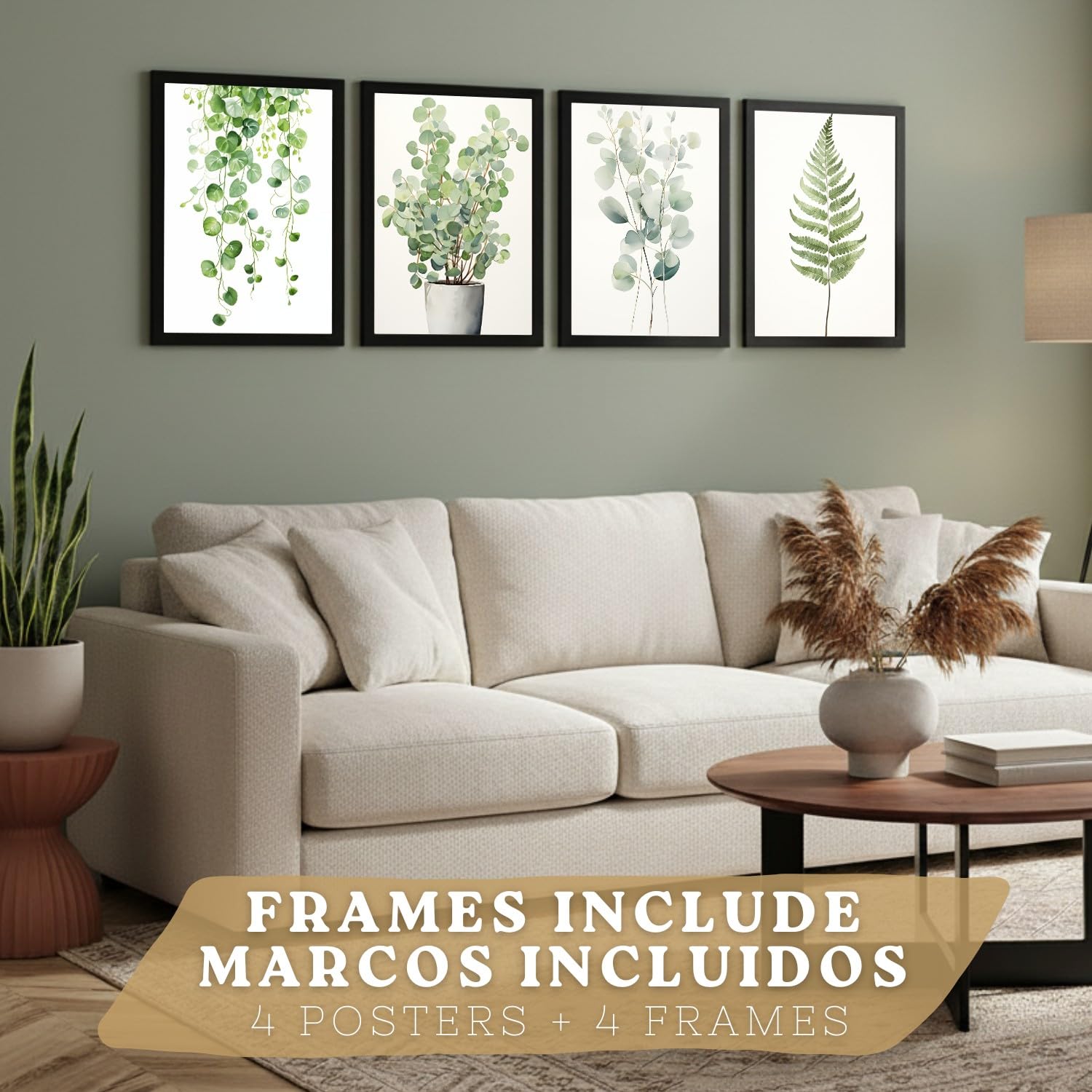 Nacnic Lot De 4 Affiches Botanique Vert Boho – Tableaux Modernes, Décoration Salon Chambre Cuisine Salle De Bain A3 Cadre Noir