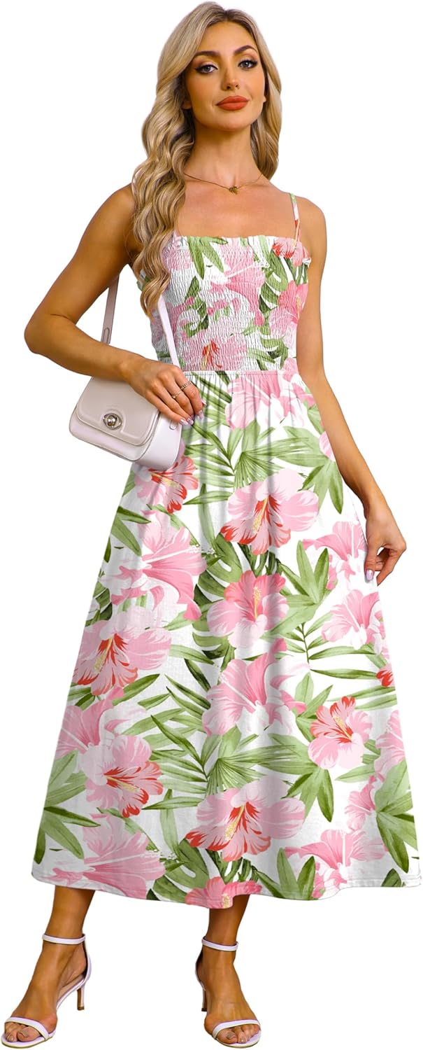 OFEEFAN Womens Spaghetti Strap Maxi Dresses Smocked with Pockets 2026 Summer Spring Casual Boho Beach Long Sundresses - Image 3