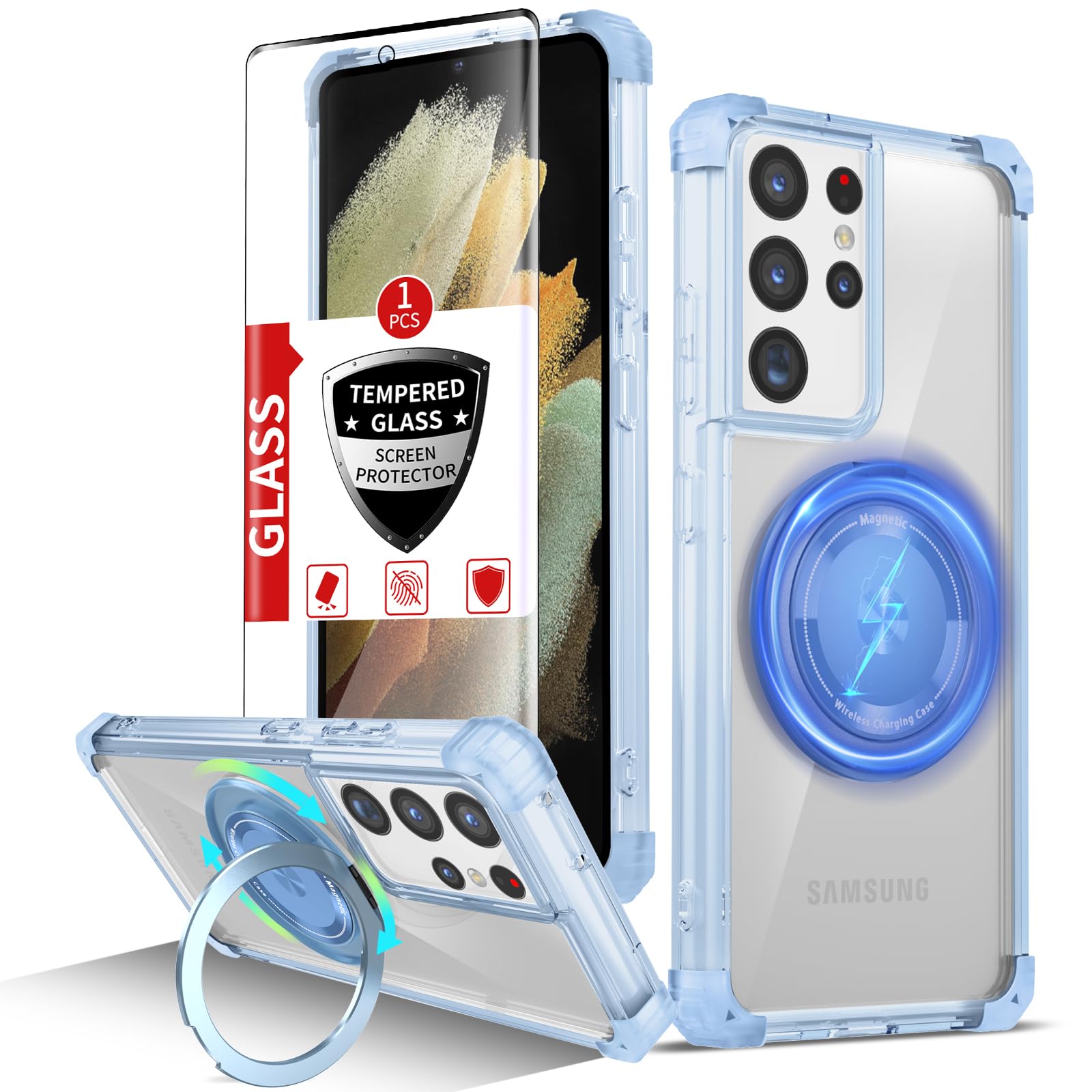 IYTRRYH for Samsung Galaxy S21 Ultra Case Compatible Wireless Charging Magnetic,with Screen Protector,for S21Ultra Phone Case with 360°Stand Ring