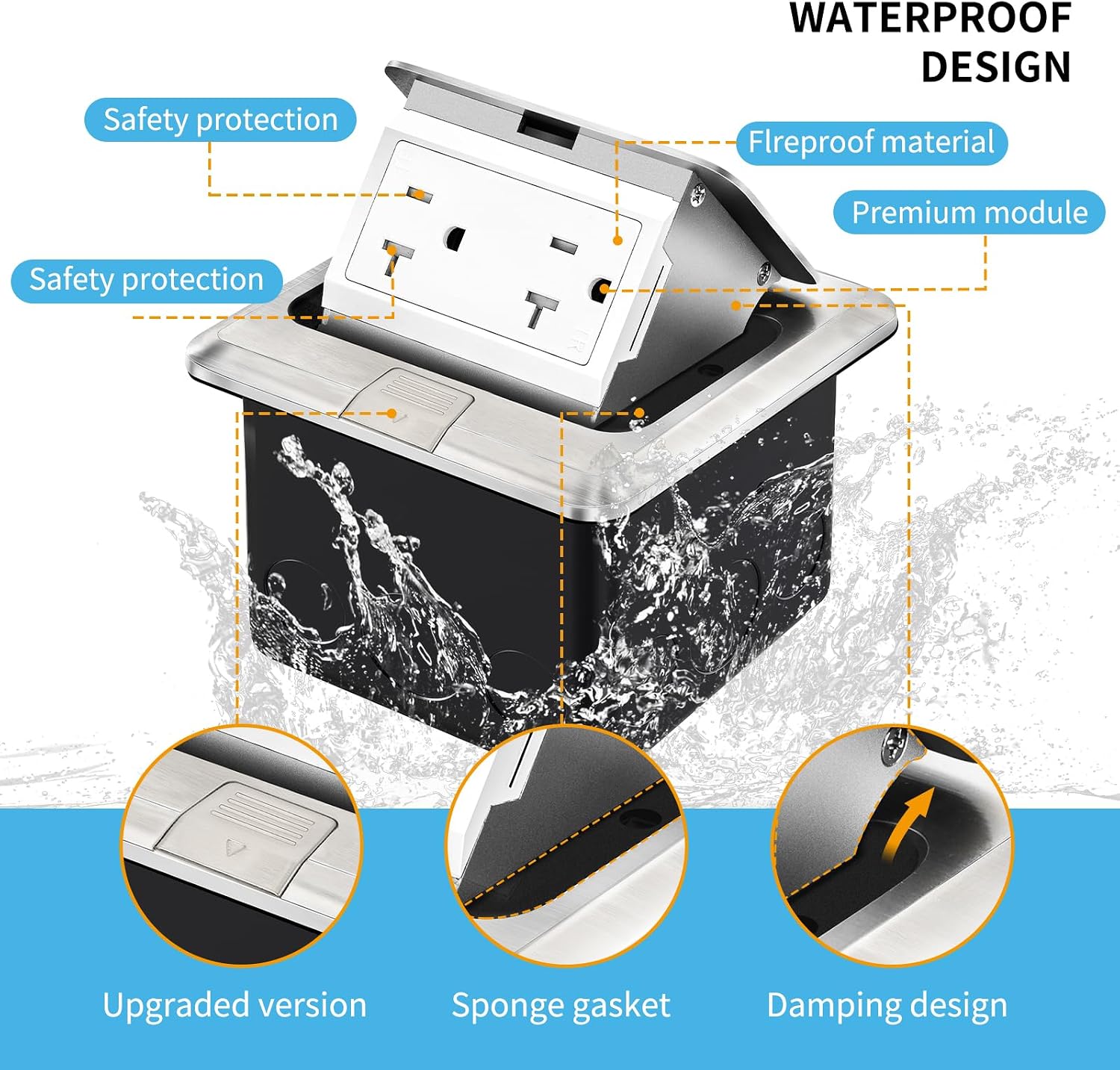 Pop-Up Floor Box Kit, Waterproof Electrical Outlet Cover Box, Hidden 20A Tamper-Resistant Receptacle Outlet with Slow Elastic Damping, UL Certified, Metallic(2 Pack)