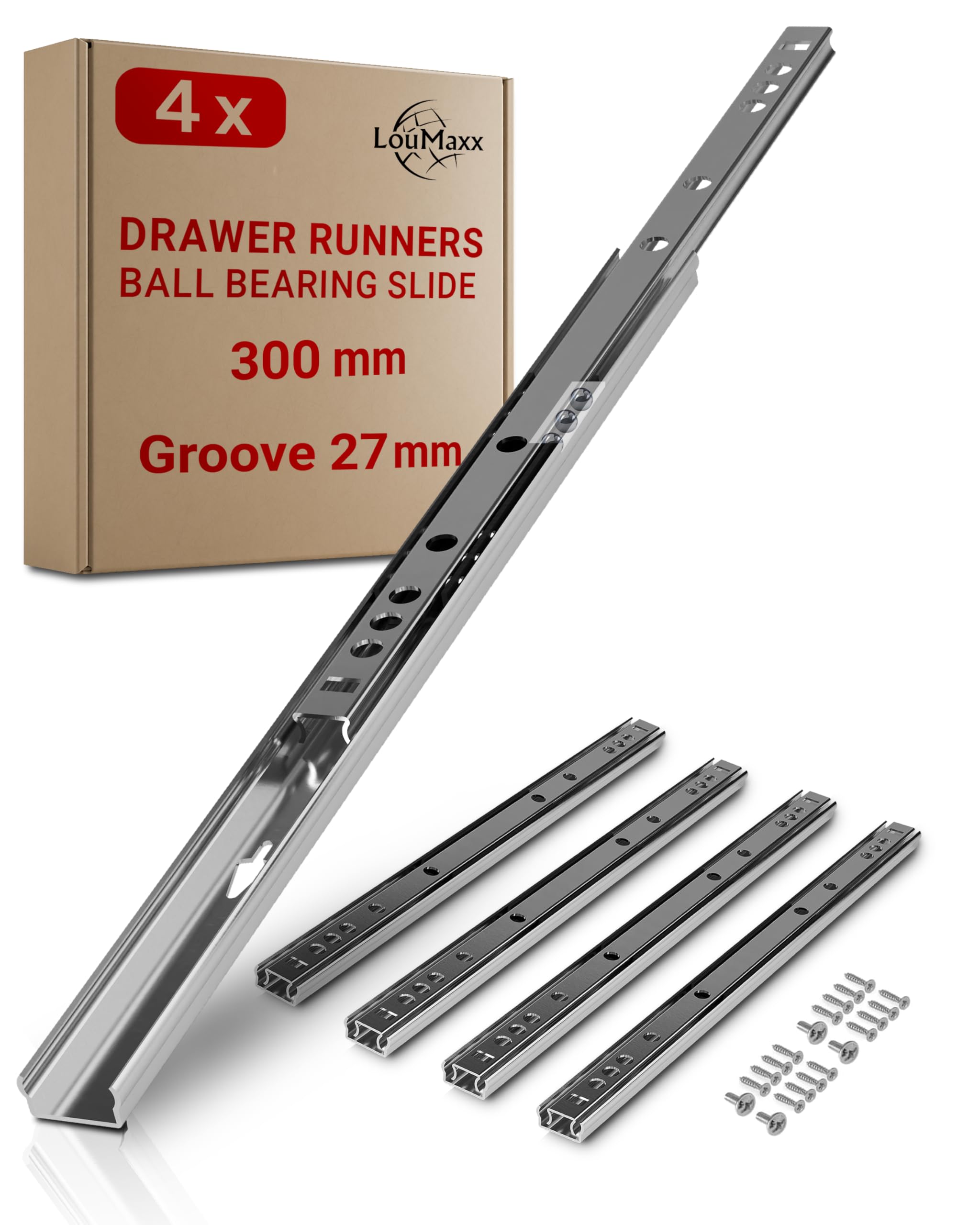 LouMaxx Drawer Runners 27mm Groove [4 Pack] - 300mm Cabinet Drawer Slides - Ball Bearing Drawer Runners - Suitable Replacement for IKEA, MFI - Screws Included