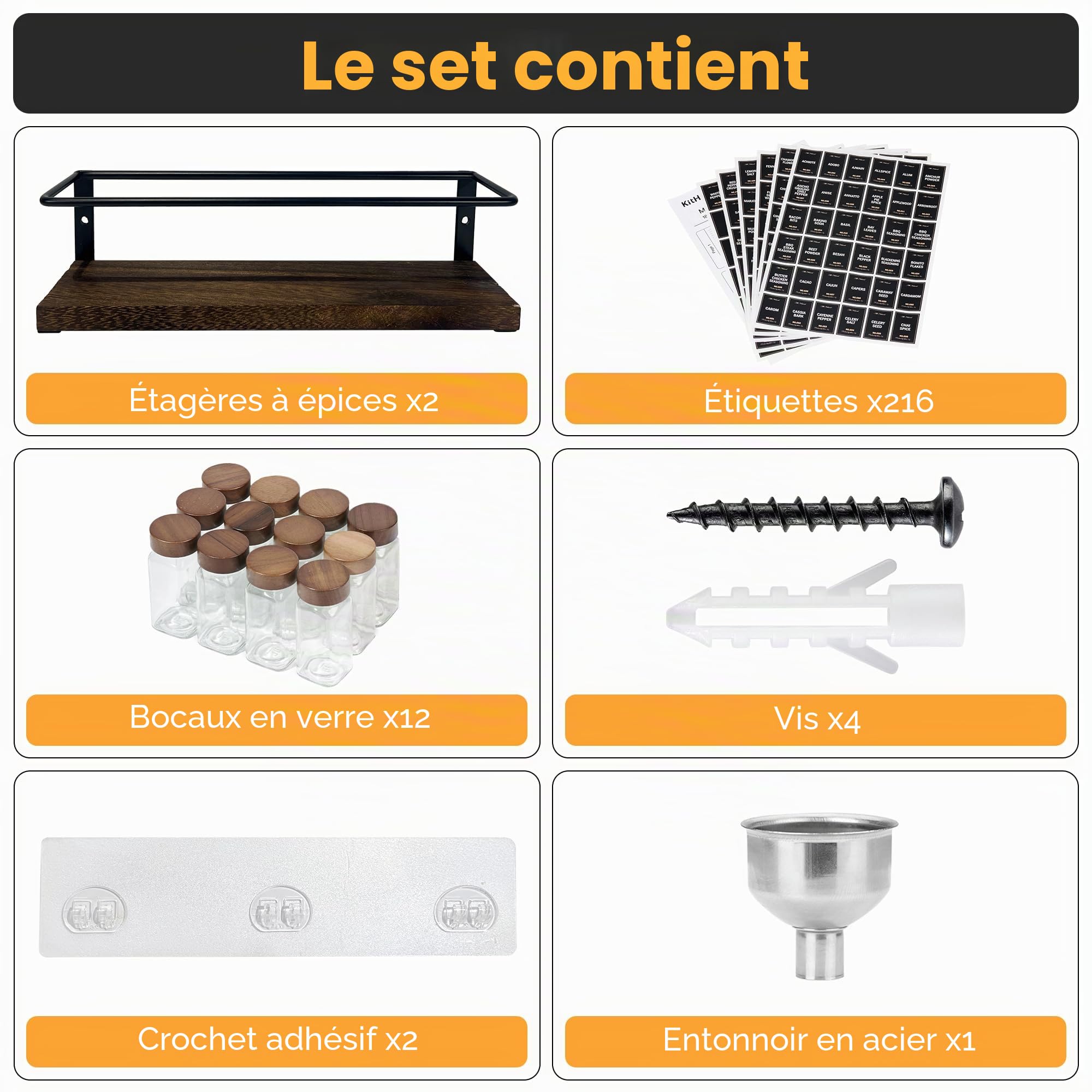 Étagère à épices murale à 2 niveaux avec 12 bocaux en verre, 216 étiquettes et entonnoir – Support à vis/adhésif, rangement à épices en métal noir et bois pour placard de cuisine, garde-manger