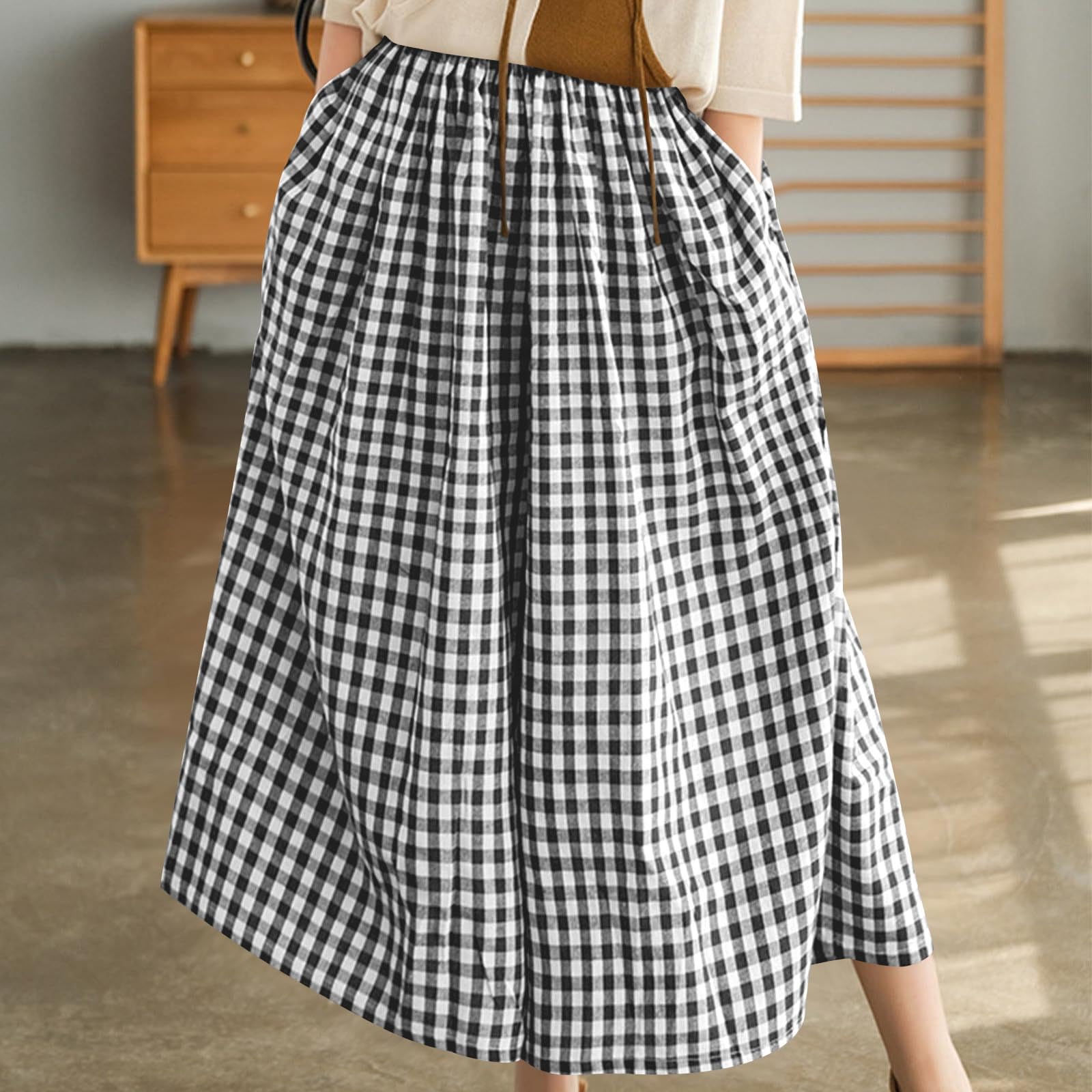 Women Plaid Culottes Flowy Wide Leg Palazzo Capris Casual Baggy High Waist Summer Beach Vacation Cropped Skirt Pants(Black,XX-Large)