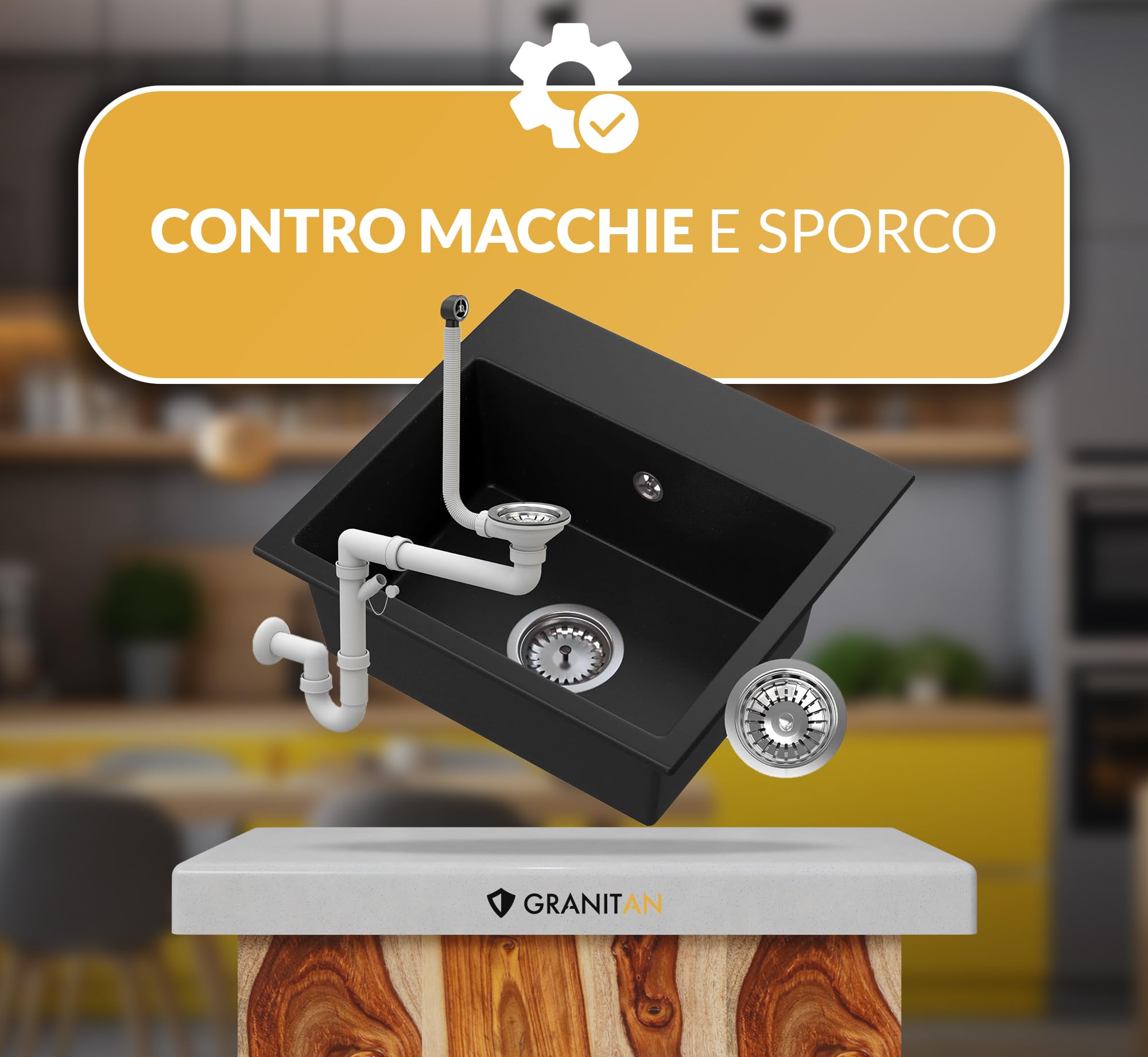 GRANITAN Lavandino Cucina Milos 45 x 42 cm - Lavandino Cucina - Lavello 1 Vasca con Sifone - Lavabo Cucina - Lavello in Granito con Fori Preforati - Beige