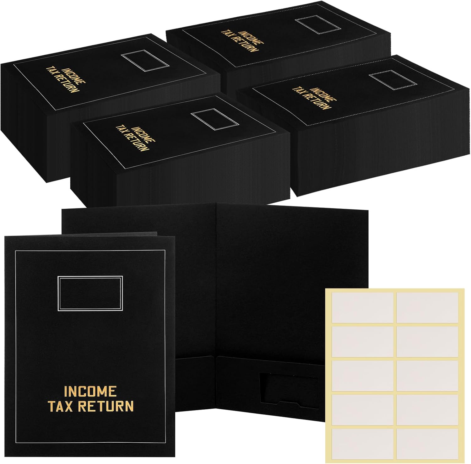 Kisston 200 Pcs Tax Return Folders Bulk 2 Pocket Gold Foil Stamped Income Tax Folders with Labels Business File Office Organizer (Black)