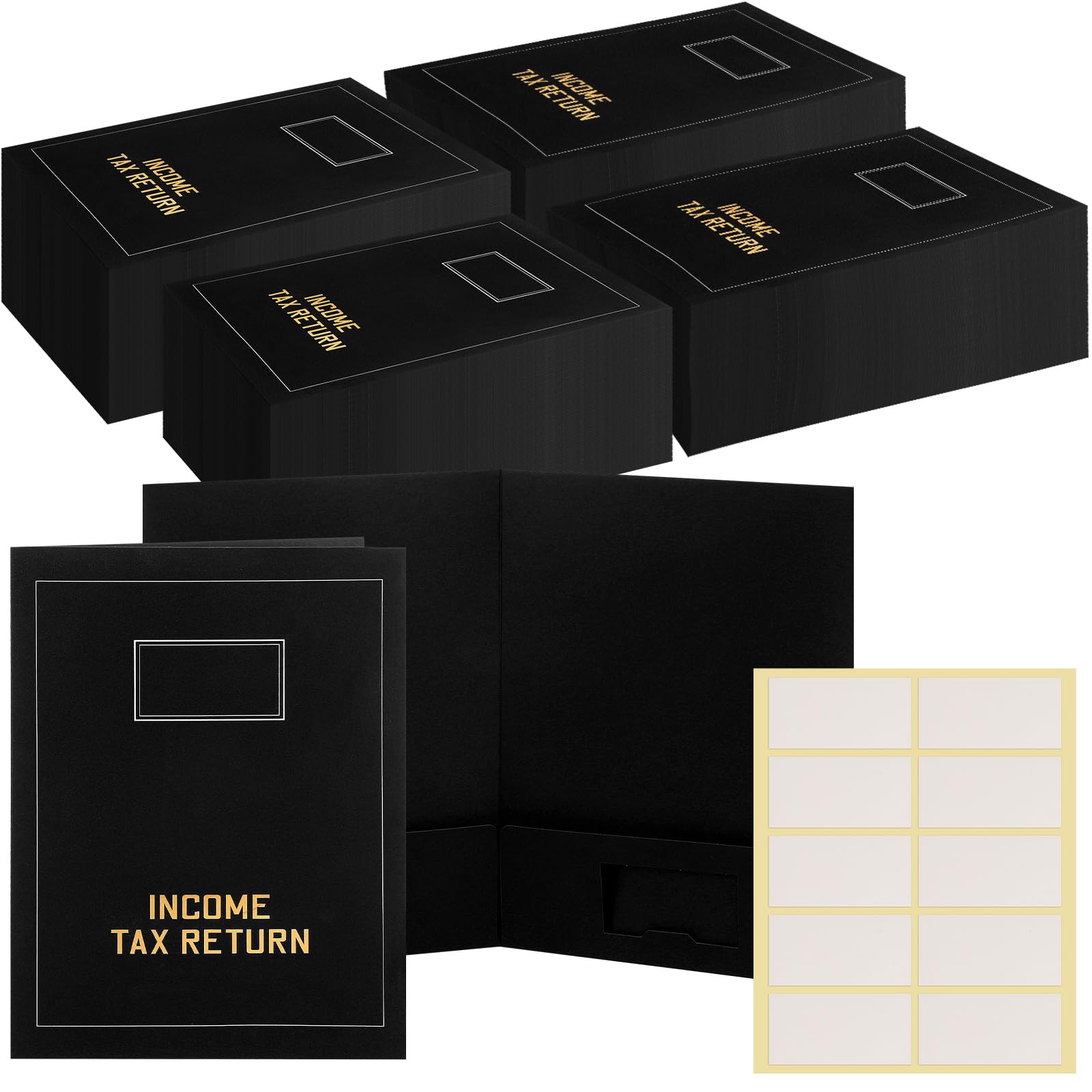 Photo 1 of Kisston 200 Pcs Tax Return Folders Bulk 2 Pocket Gold Foil Stamped Income Tax Folders with Labels Business File Office Organizer (Black)