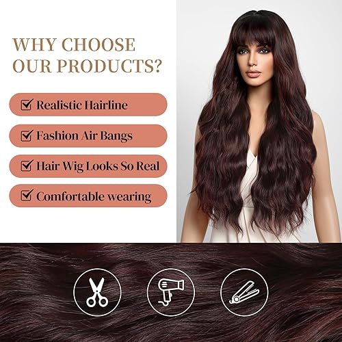 Miniatura 4 de YOGFIT Peluca plateada de color rojo oscuro con flequillo de 26 pulgadas de largo, peluca ondulada para mujer, de aspecto natural, sintética,