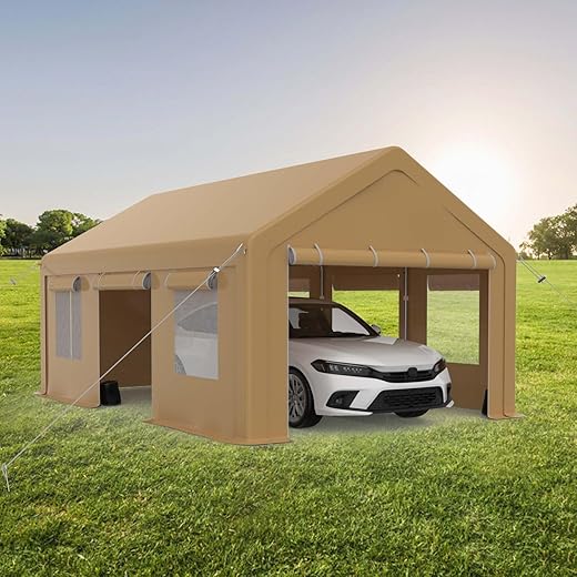Heavy Duty 13x20 ft Carport Canopy Waterproof Outdoor Storage Garage with 4 Roll-Up Doors & 4 Windows, All-Season Portable Shelter for Car Truck Boat RV, Removable Sidewalls, Yellow