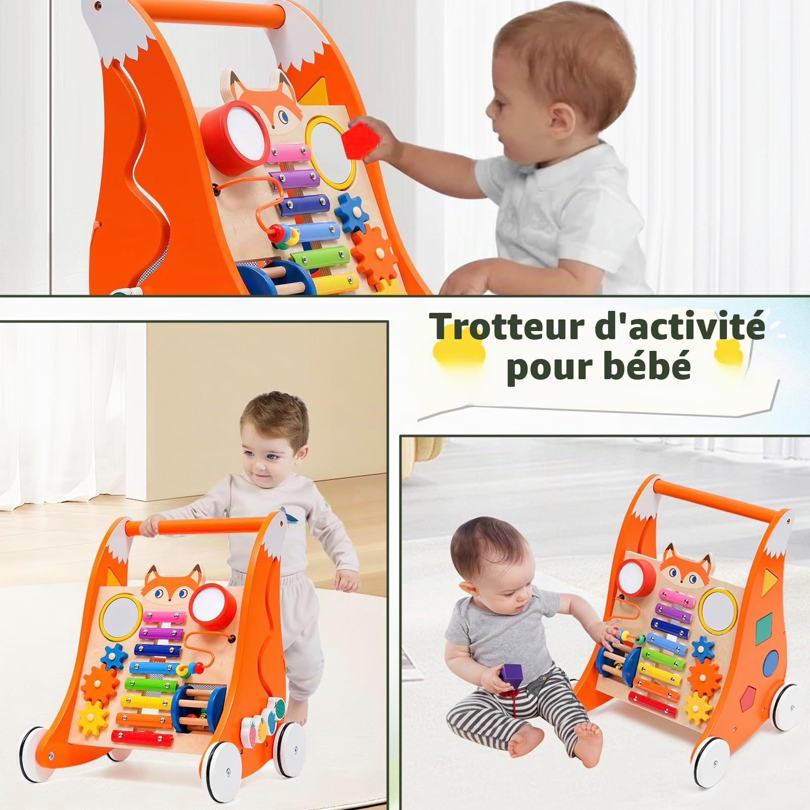 Chariot de marche en bois pour jeunes enfants, trotteur multifonctionnel avec plateau de jeu et musique, avec jouets en bois Activity Center, apprendre à marcher