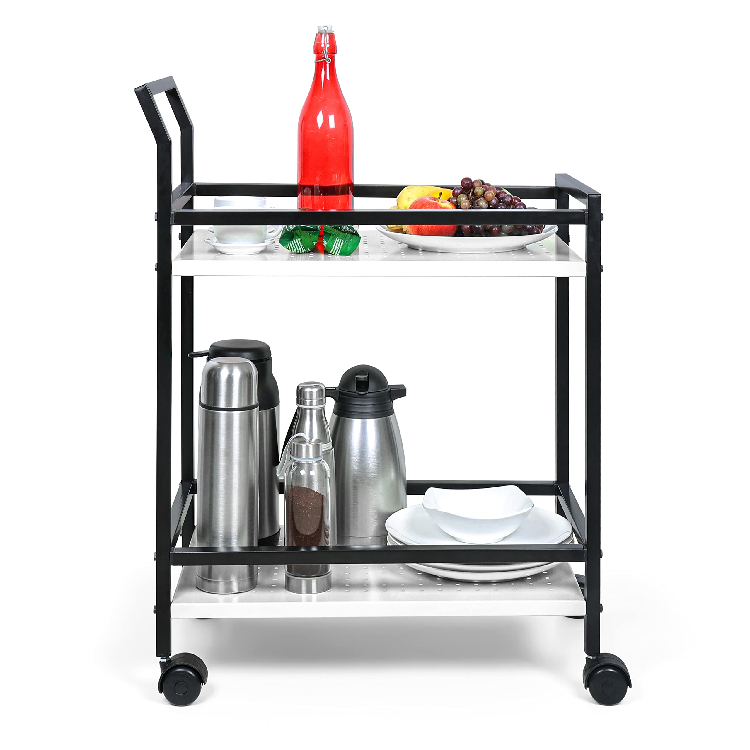 Livzing 2 Tier Kitchen Serving Trolleys-Home Storage Organizer Metal Rack with Wheels- Barcarts Trolley-Rolling Utility Cart for Dining Room-Kitchen-Bedroom-Garden-Office-Hospital-White