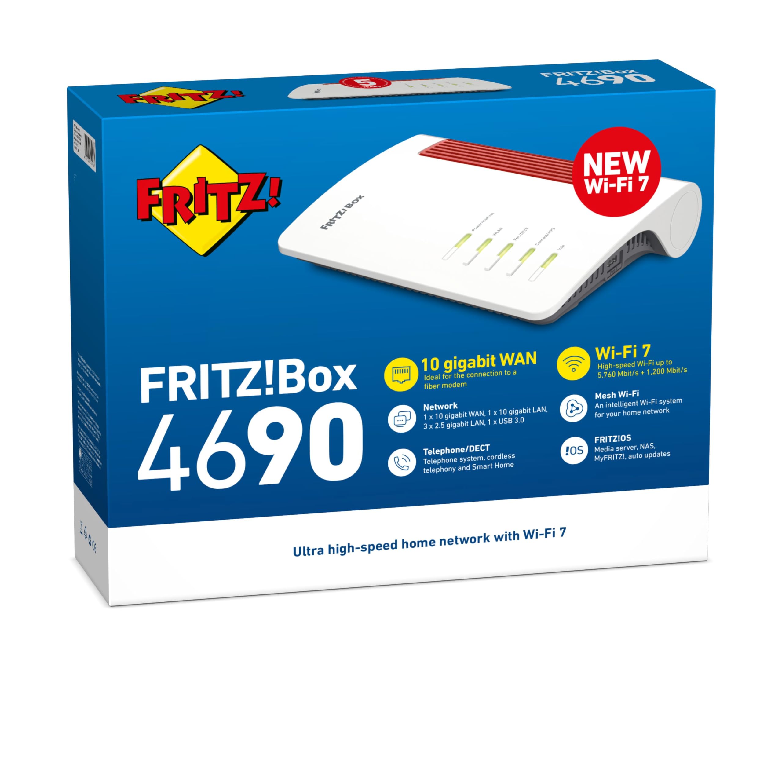 Fritz!Box 4690 Edition International, Wi-Fi 7 Mesh Router für DSL oder Fibre, bis zu 6960 Mbit/s Geschwindigkeit, 1x 10-Gigabit WAN/LAN, 3X 2.5-Gigabit LAN, DECT-Basis und Zigbee, Wi-Fi MESH und