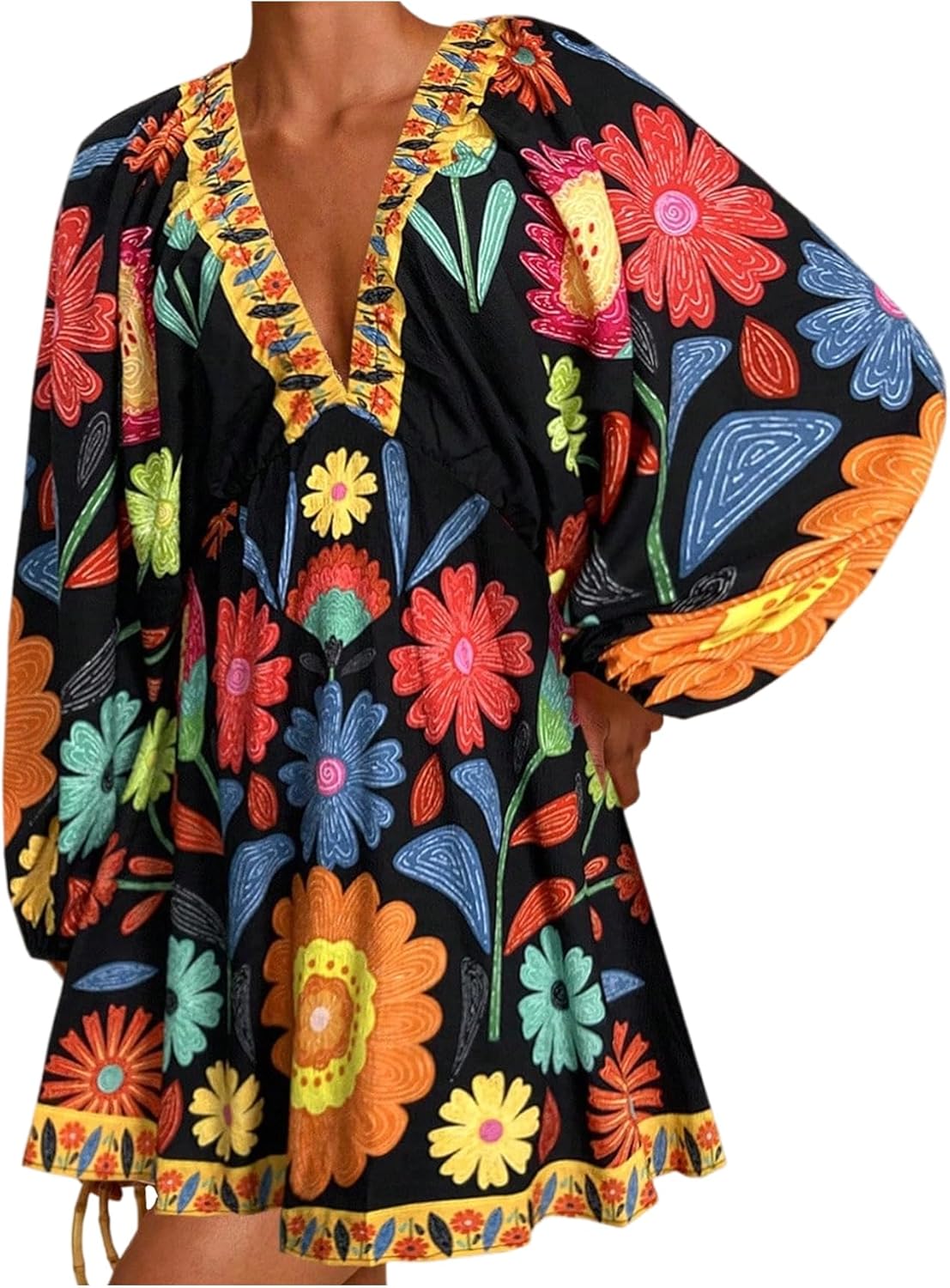 RoseSeek Women's Boho Floral V Neck Mini Dresses Bishop Sleeve Tie Open Back Tropical Dress