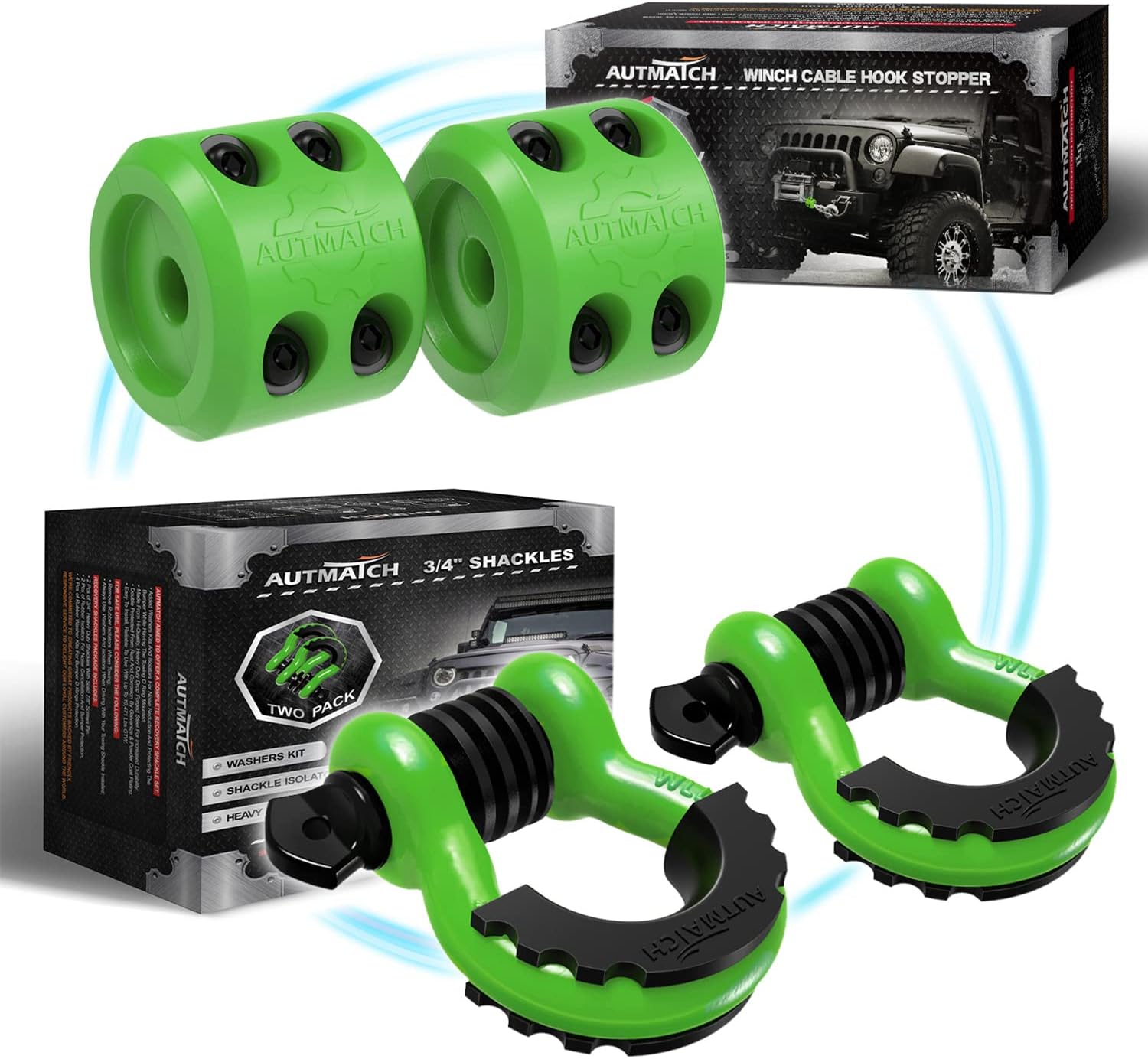 AUTMATCH 3/4" D Ring Shackle with Shackle Isolator & Washers Kit, Winch Cable Hook Stopper and Silicone Rubber Shock Absorbent Winch Stopper for Jeep Tow Strap Winch Off Road Vehicle Recovery, Green