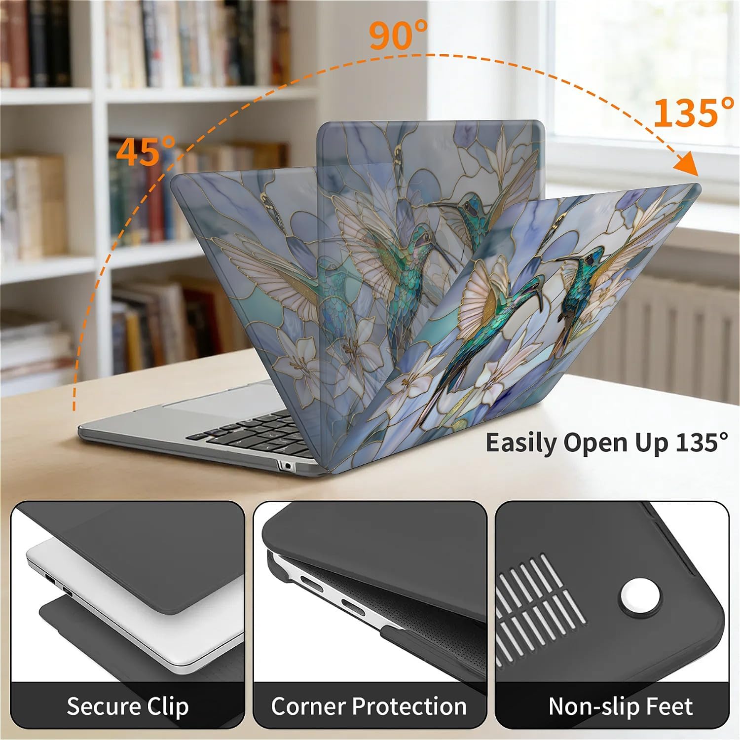 for MacBook Pro 16 Inch Release 2019 Model A2141 Black Computer Case,Novelty Premium Pattern Hardshell Laptop Case Gilded Wings Stained Glass Hummingbirds Lilies image 3