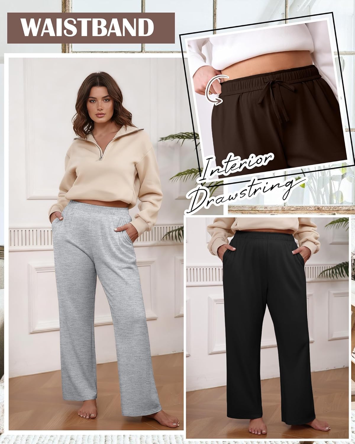 3 Pack Women's Plus Size Sweatpants Casual Wide Leg Interior Drawstring High Waist Yoga Baggy Pants with Pockets - Image 4