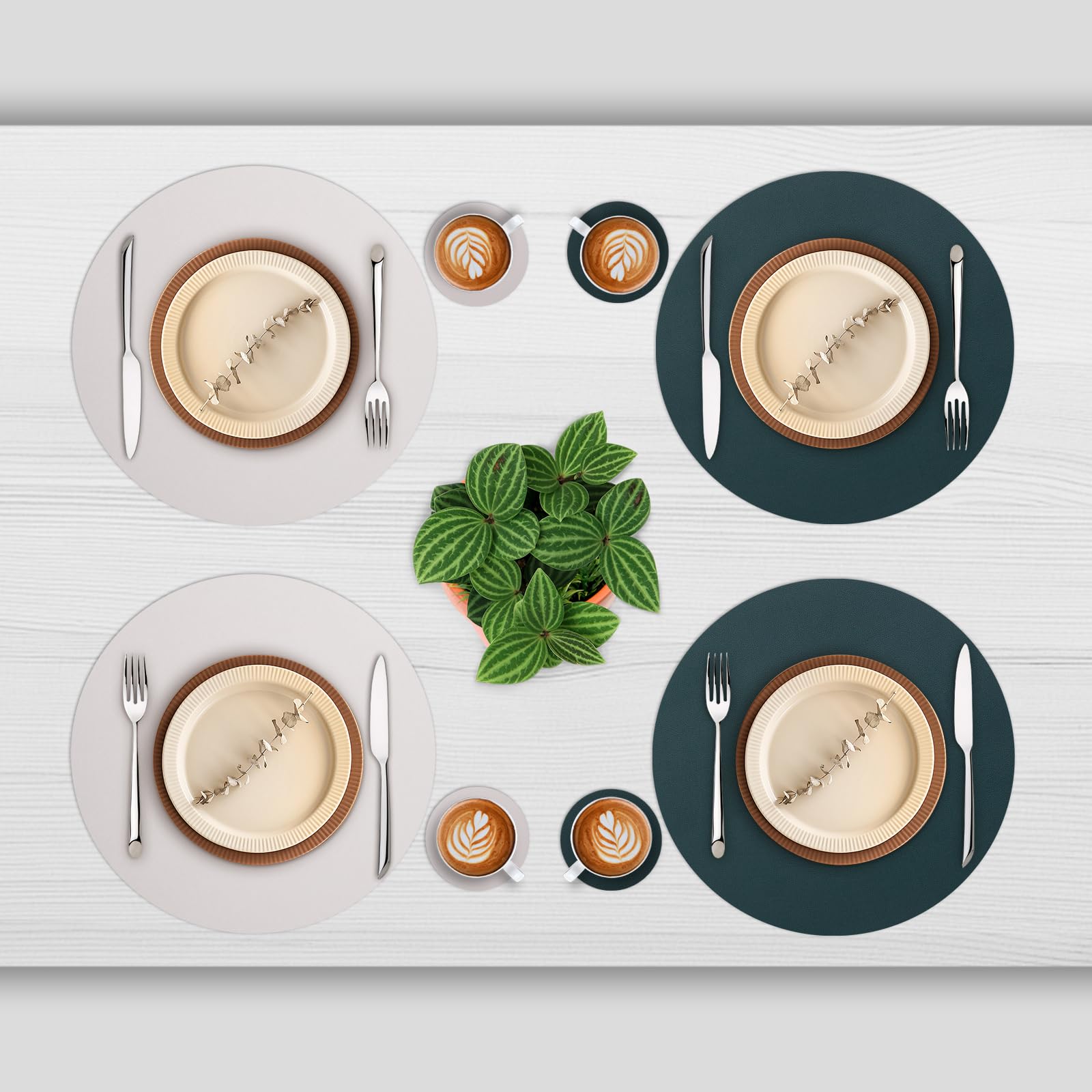 Myir JUN Round Table Placemats Set of 4 Faux Leather Place Mats and Coasters 15 inch Round Dual Sided Placemats Non-Slip Wipe Clean Stain Resistant (White Green,Set of 4) - Image 2