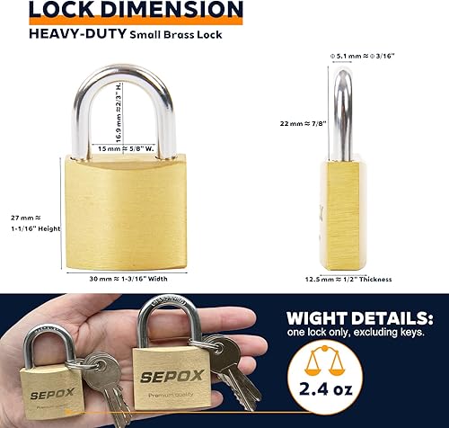 Miniatura 3 de SEPOX Twins - Candado compacto de latón macizo con las mismas 6 llaves, cuerpo resistente a la corrosión de 1-316 pulgadas, cerradura y llave