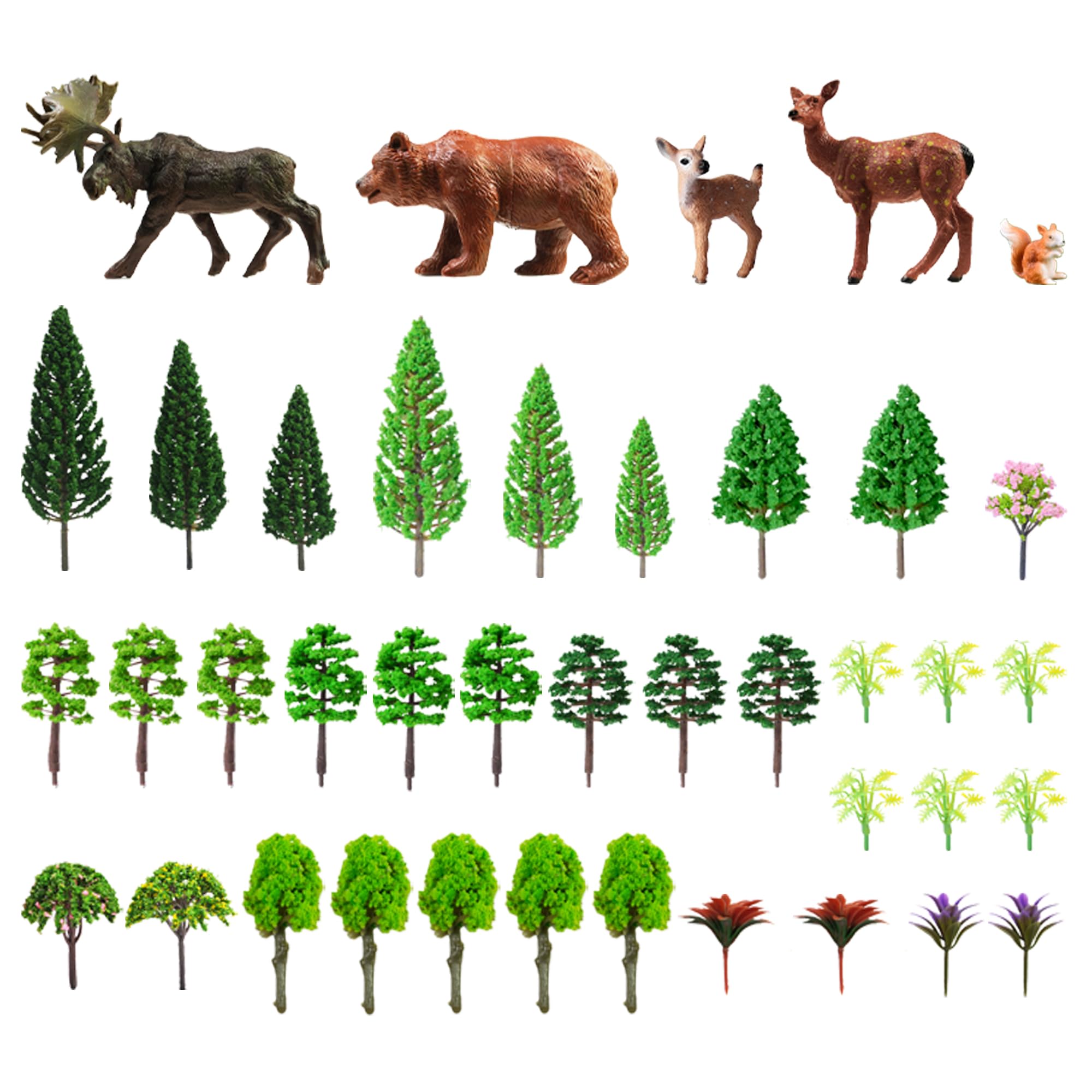 40 PCS Woodland Animals Figures Model Trees 5 Pcs Animal and 35 Pcs Mixed Plastic Trees Forest for Woodland Cake Toppers Decorations Birthday