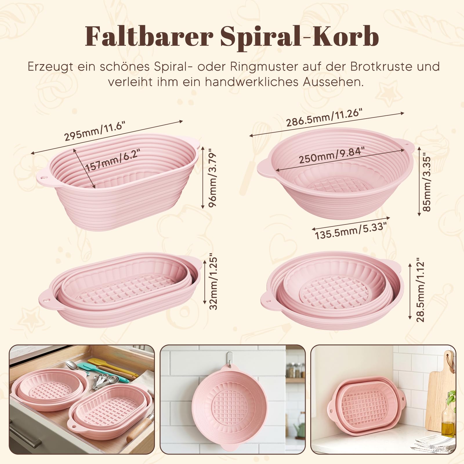 MQFORU 12-Teiliges Sauerteig Starter Set, 2 Klappbare Silikon Gärkörbe (29cm Ovale & 28cm Runde), 730ML Sauerteig Glas Set, Komplettes Brot Backen Zubehör für Anfänger & Erfahrener Bäcker