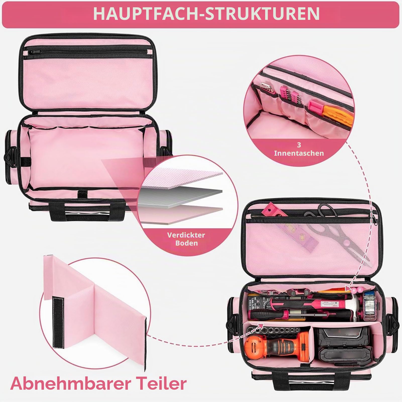 Werkzeugtasche, Langlebige 14-Zoll-Werkzeug-Organizer-Tasche mit Verdicktem Boden, Robuste, Tragbare Reise-Werkzeugkiste (PINK)