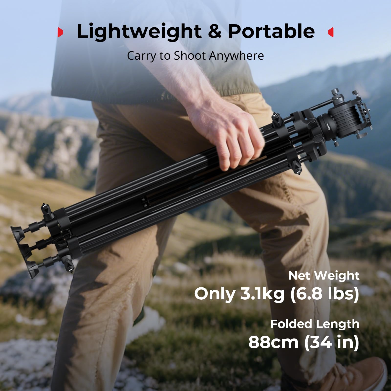 SMALLRIG 73''/186 cm, wytrzymały statyw wideo ze stopu aluminium, maks. udźwig 8 kg (18 funtów), głowica płynna z zakresem pochylenia od +85° do -78°, 3,1 kg (6,8 funta) - 5440