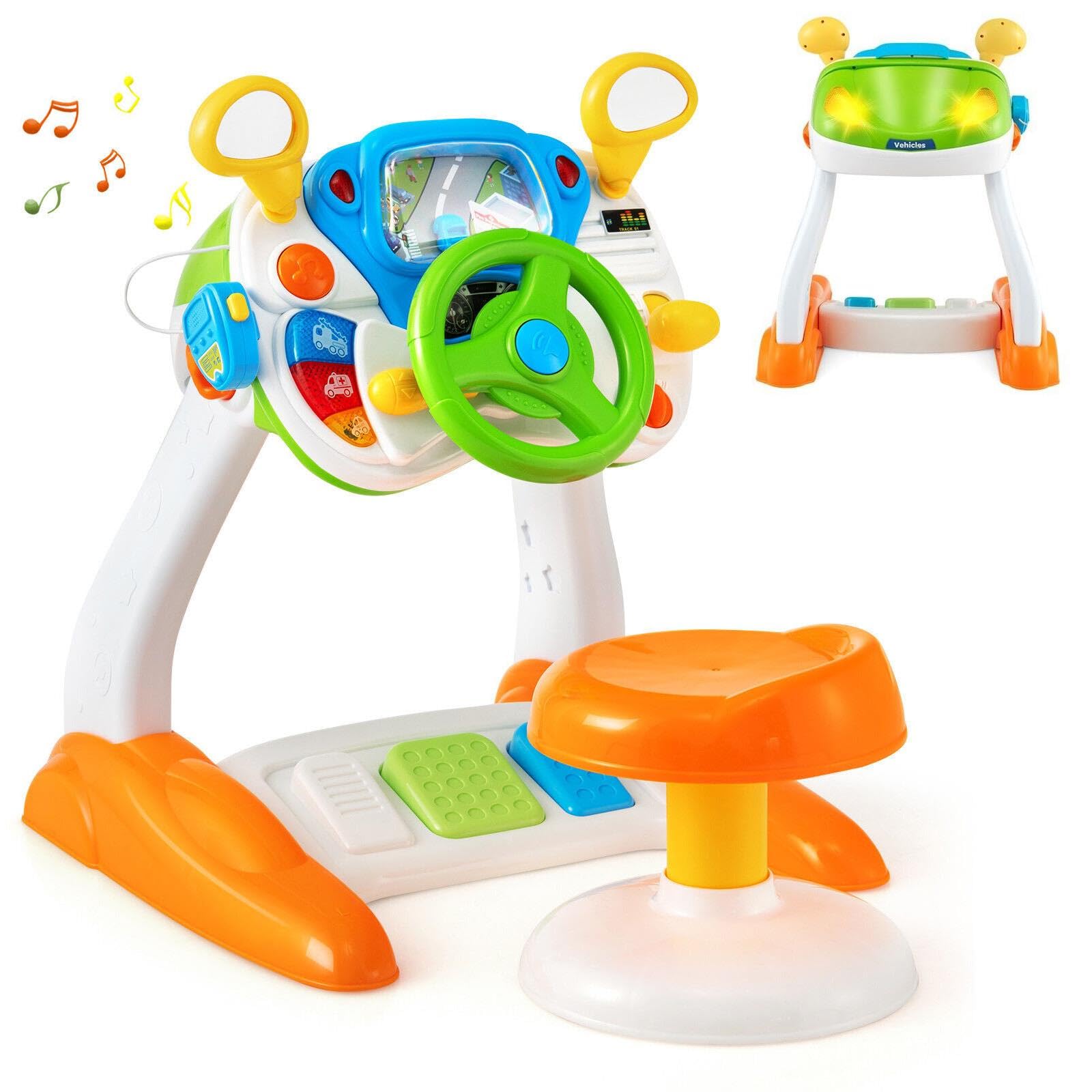 Freestanding Electronic Steering Wheel Driving Simulator Toy With Pedals And Stool, Lights and Sounds Activity Toy for Kids