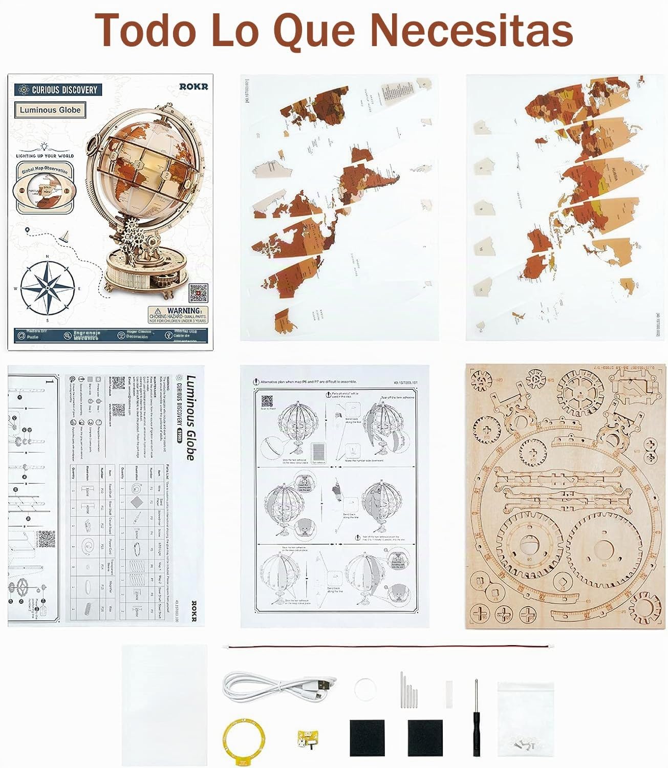 ROKR Puzzle 3D Madera Globo Luminoso Maquetas de Madera para Construir Maquetas para Montar, 180 Piezas, Luminous Globe