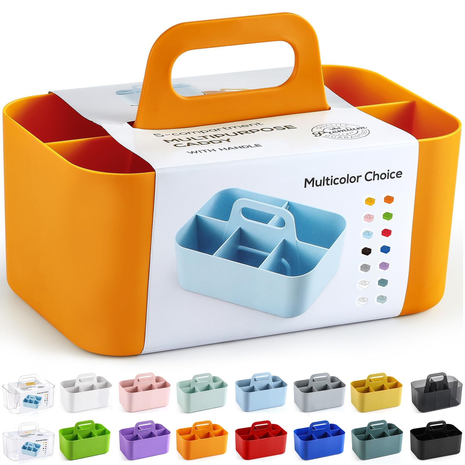 Multiuse Caddy Organizer with Handle, Stackable Plastic Tote Bin - Art Craft Supplies, Office, Desk, Stationery Pen Holder, Kitchen, Utensil, Makeup, Bathroom, Shower, Cleaning, Dorm Organizer, Orange