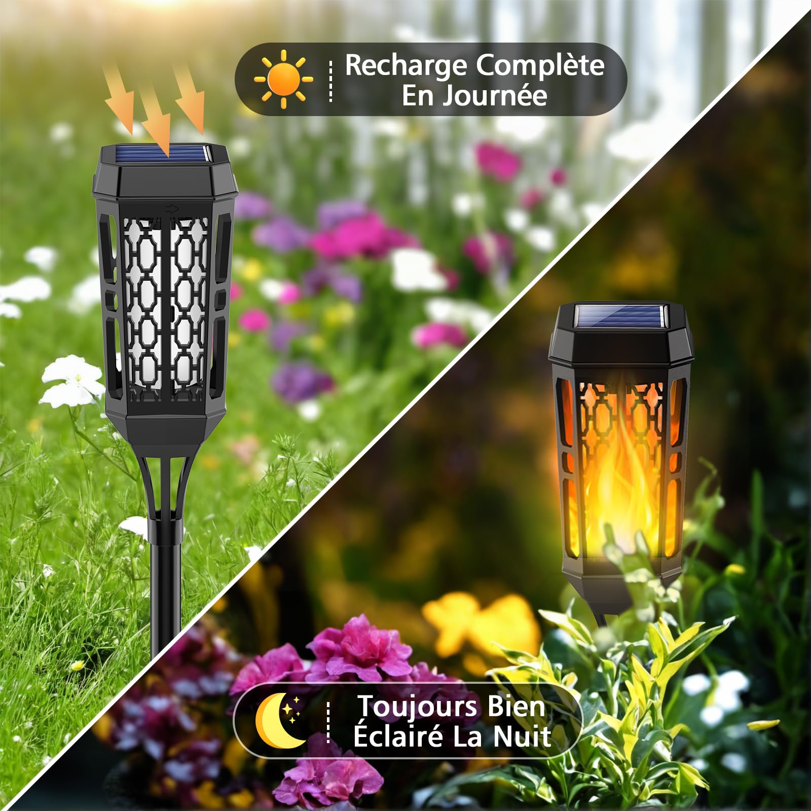 Pour Jardin Terrasse Allée Lot De 6 Torches Solaires Extérieur Flamme Vacillante - Décoration Jardin, Patio, Terrasse - Éclairage Automatique