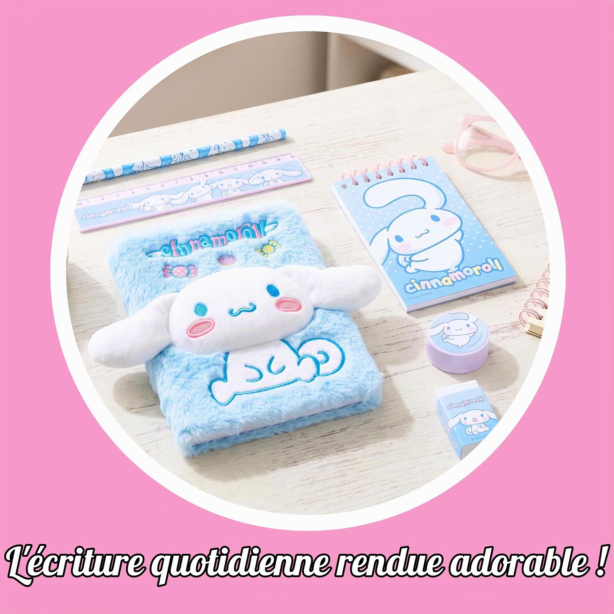 Hello Kitty Cinnamoroll Ensemble de Papeterie pour Filles, Comprenant Carnet en Peluche 3D, Règle, Taille-Crayon, Gomme, Bloc-Notes et Un Crayon, Cadeau pour Enfants