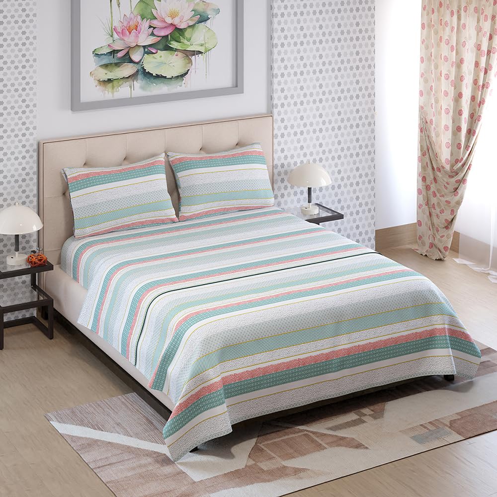 Queen Size Striped Bedsheet Set - Blue & Red -14