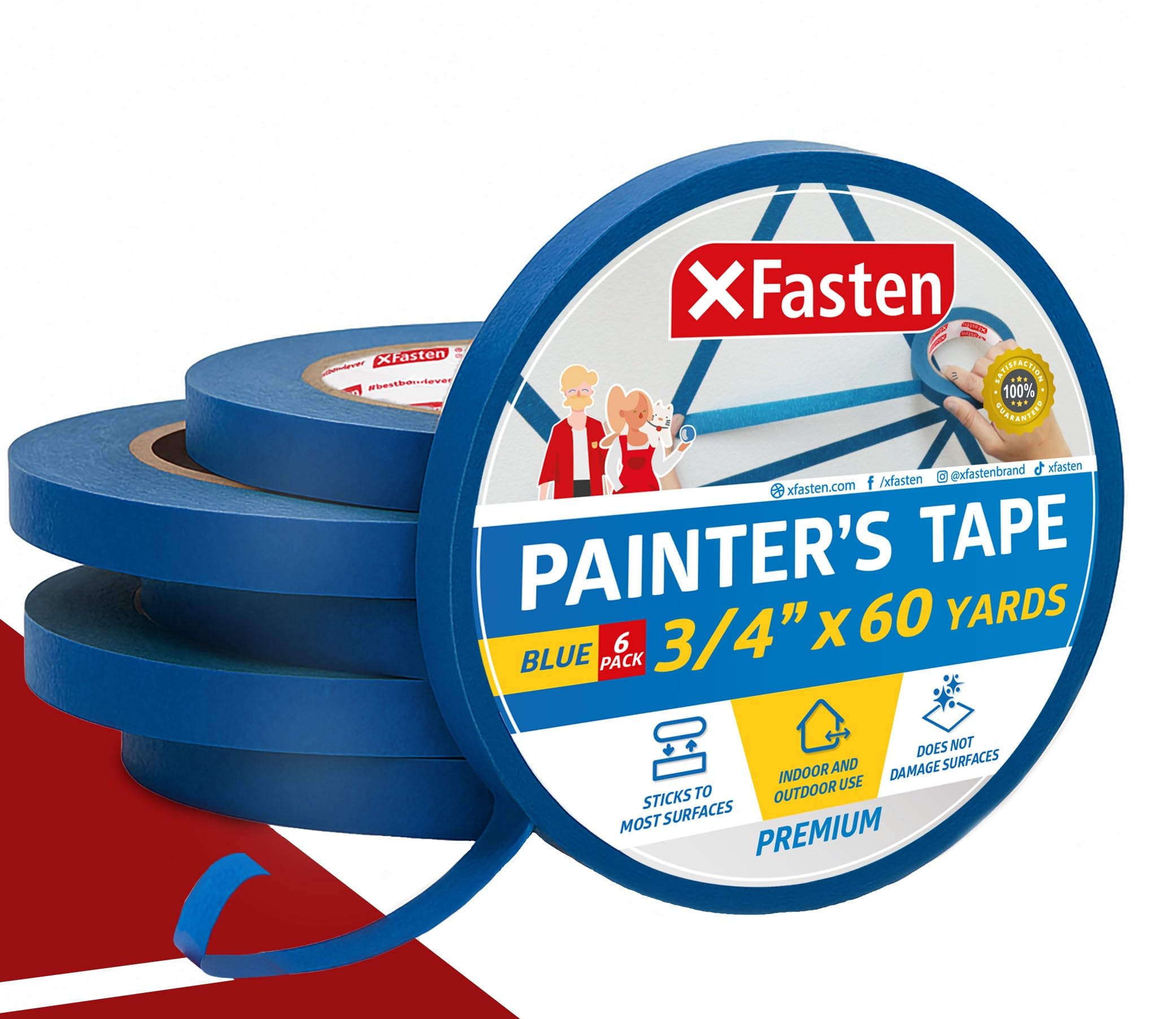 XFasten Blue Painters Tape 3/4 Inch Wide x 60 Yards 6-Pack, UV Residue-Free Blue Masking Tape for Clean Lines, Indoor and Outdoor Multi-Surface Use -