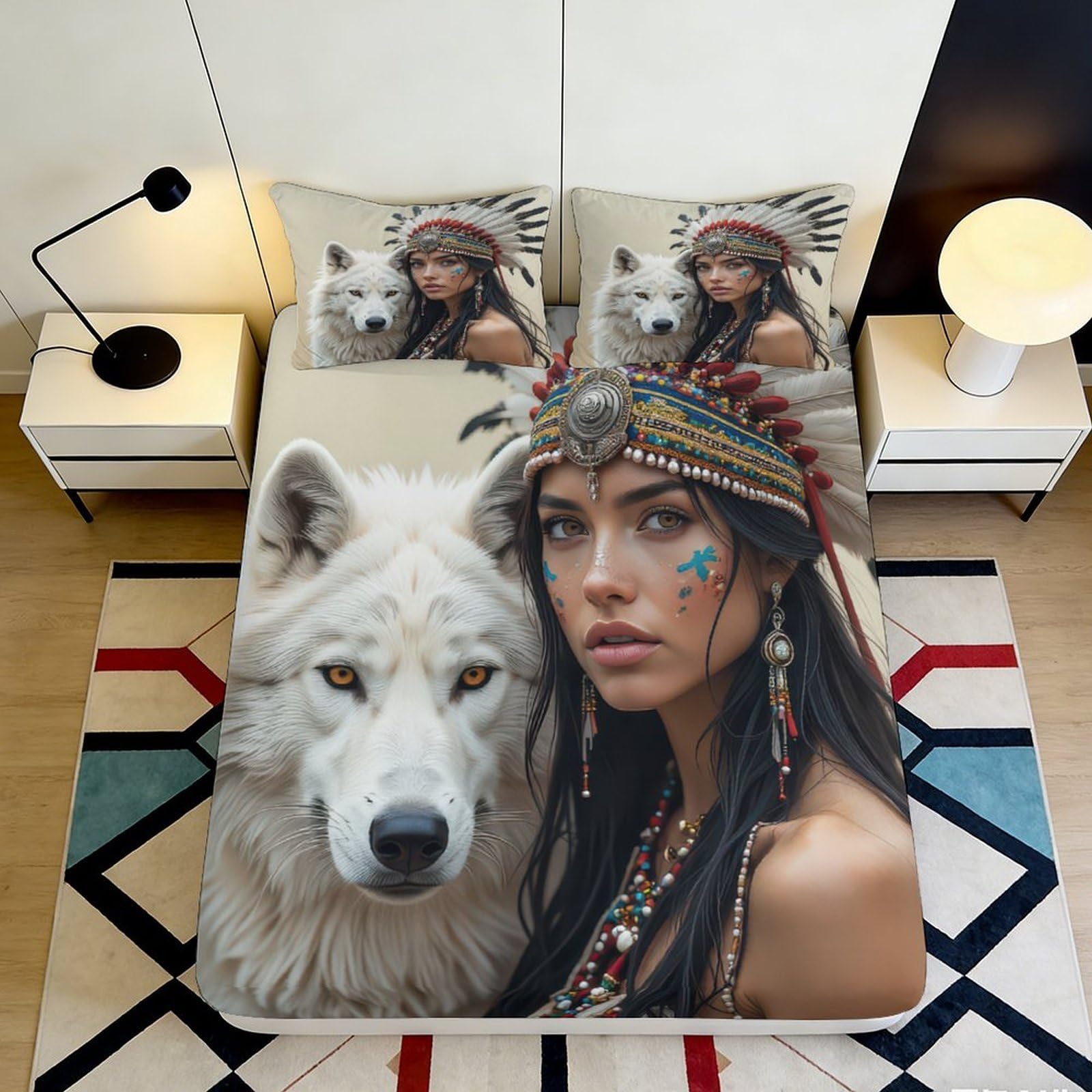 3D Printed Native American Woman and White Wolf Fitted Sheet Microfiber Soft Durable 3D Printed Wolf Bed Cover for Bedroom Dorm Dormitory Guest Room 160x200x25cm