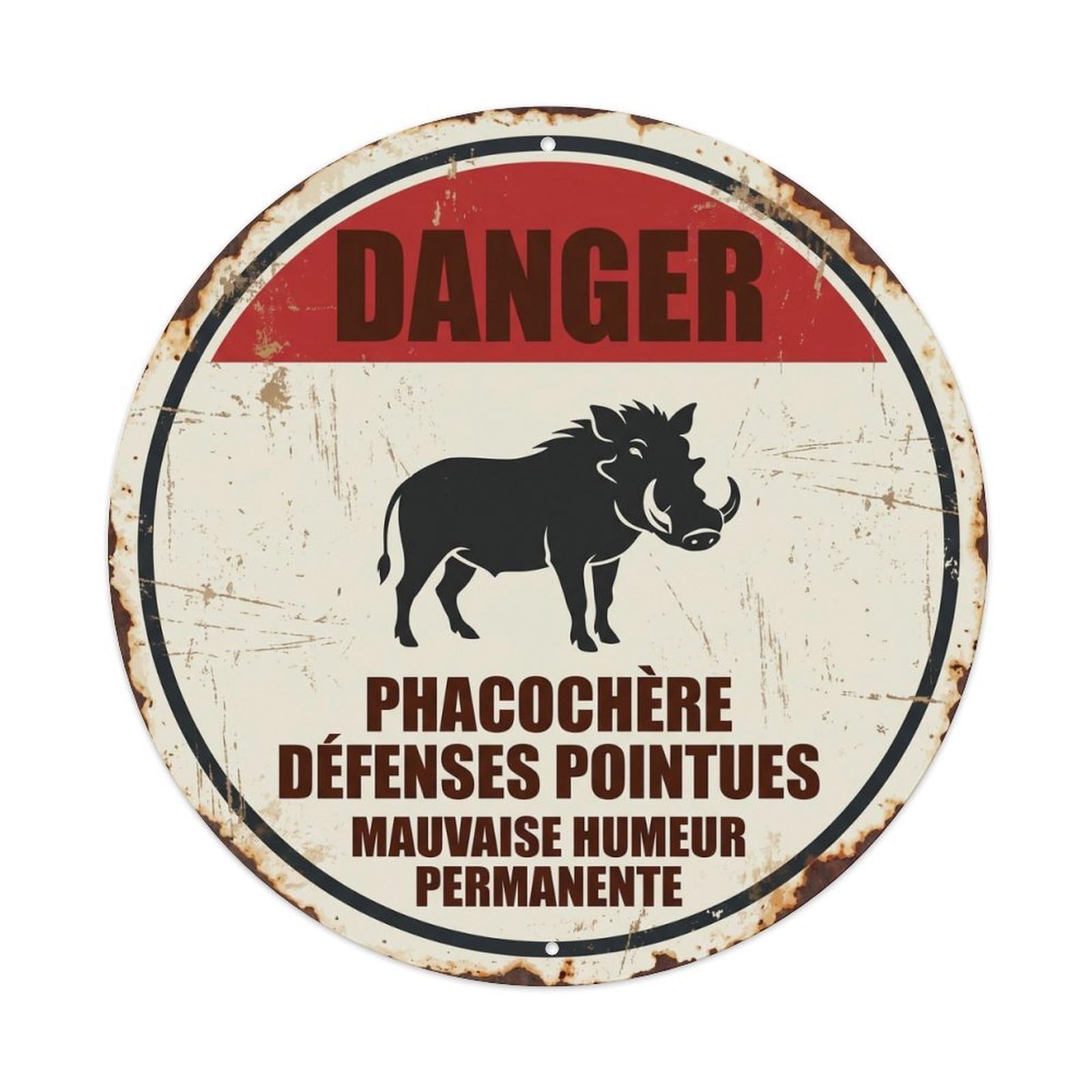 Fqcyn Style Grumpy Warthog Tusk Warning Metal Tin Sign Plaque Wall Decor For Cafe, Club Bar, Office, Home Garden Round Metal Poster 8X8inch