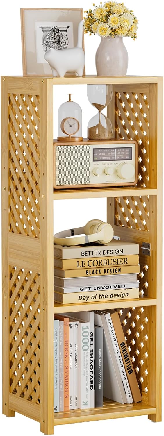 Amazer 3-Tier Bamboo Book Shelf, 32 Inches Tall Standing Bookshelf – Space-Saving, Adjustable Storage Shelves, Bookcase for Home, Office, Bedroom and Living Room