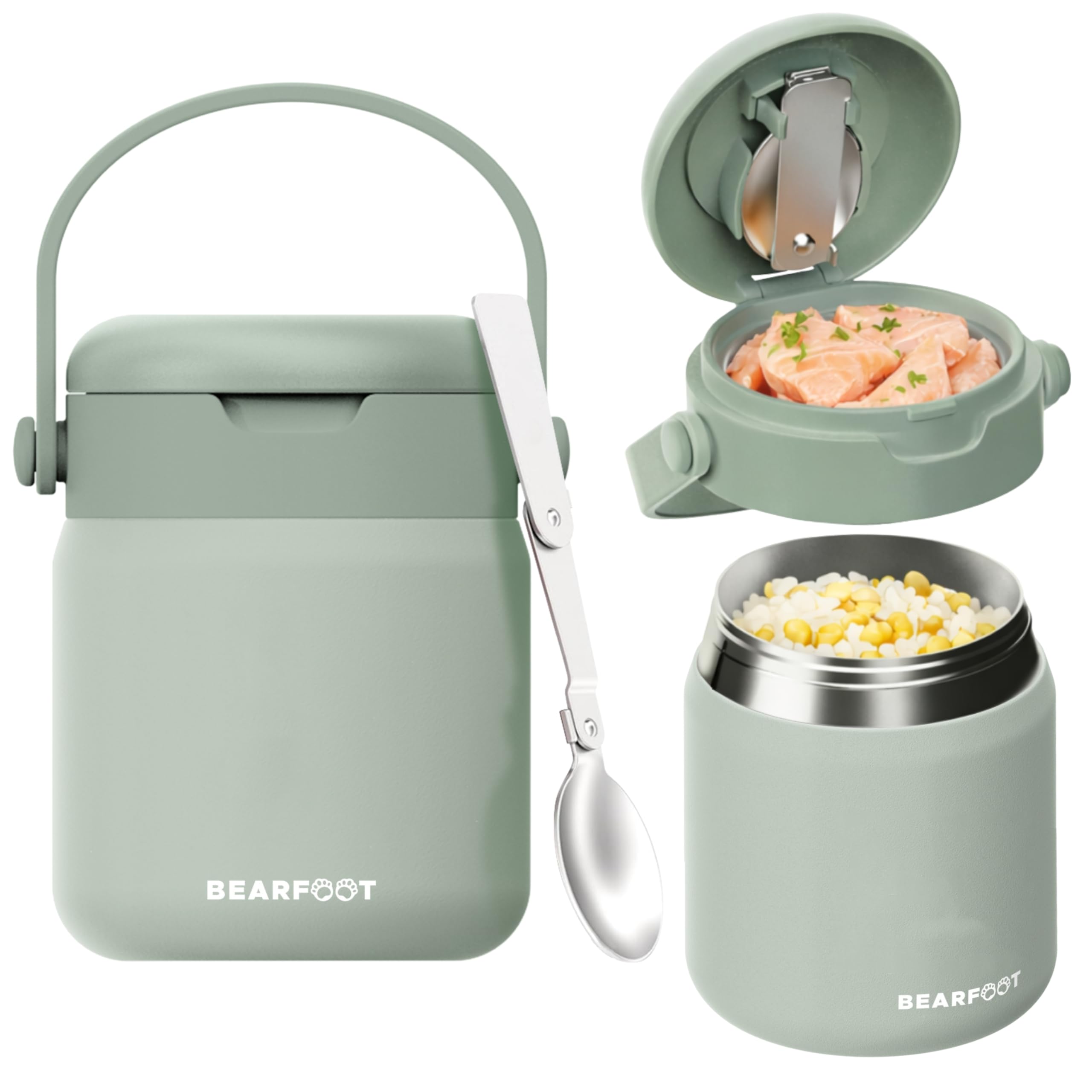 BEARFOOT Kinder Thermobehälter Edelstahl 500ml, BPA-frei | Auslaufsicher, mit faltbarem Löffel & Tragegriff, für Kindergarten & Schule