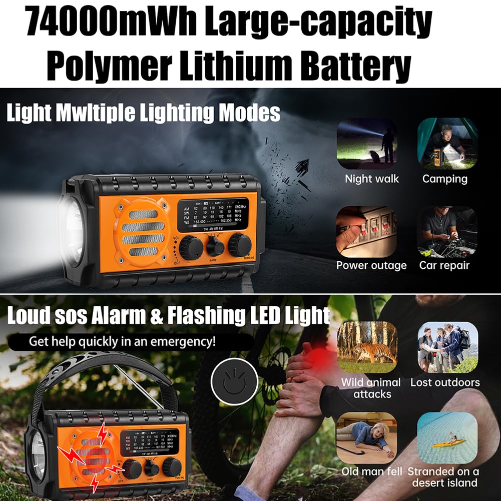 Mano di emergenza Radio a manovella con 20000mAh Solare e Modalità di Ricarica Multipli Radio per Esterni