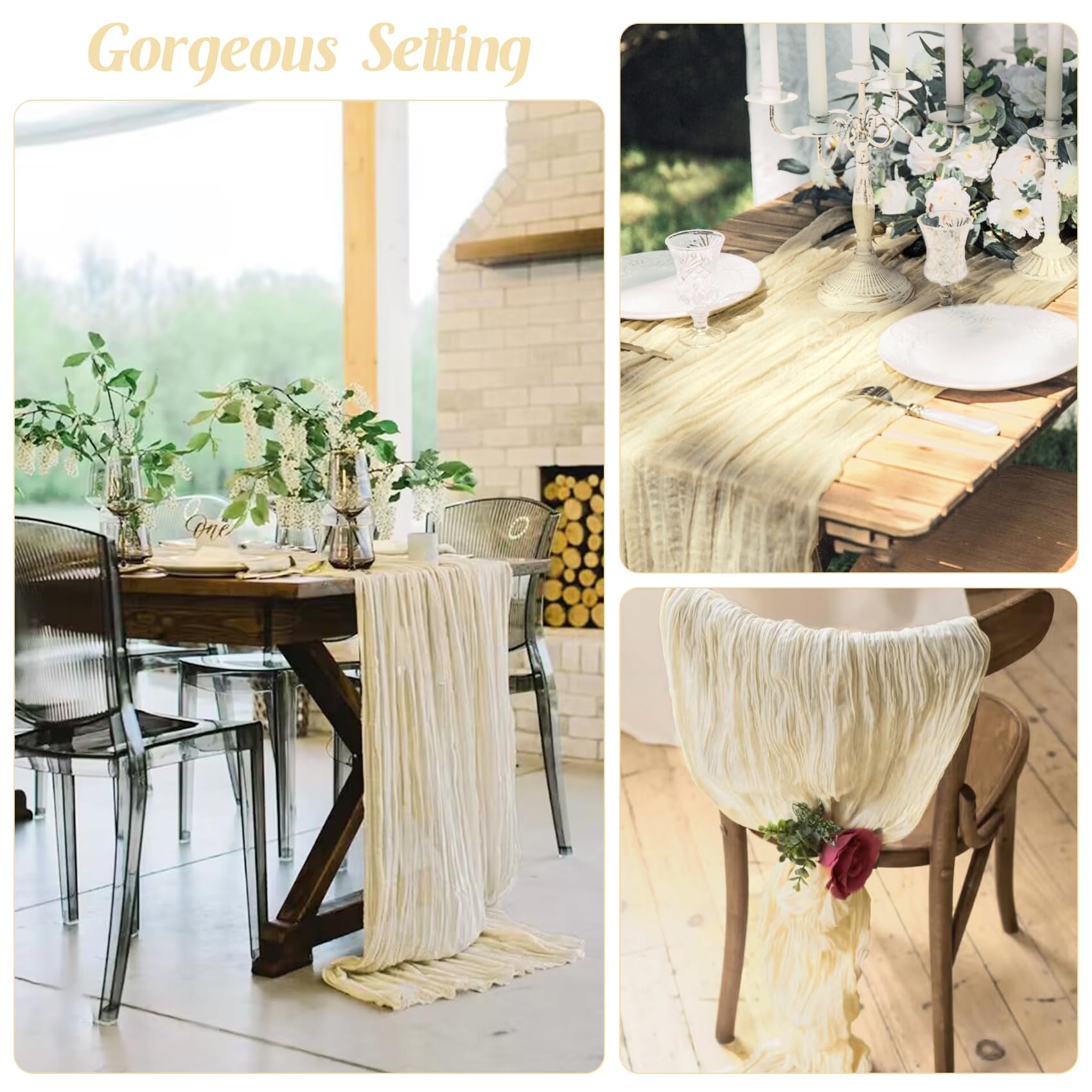 Socomi - 3 Caminos De Mesa De Gasa, Estilo Bohemio Y Rústico, Para Primavera, Pascua, Bodas, Fiestas, Baby Showers, Cumpleaños Y Decoración Del Hogar, 120 Pulgadas/10 Pies, Color Blanco Marfil