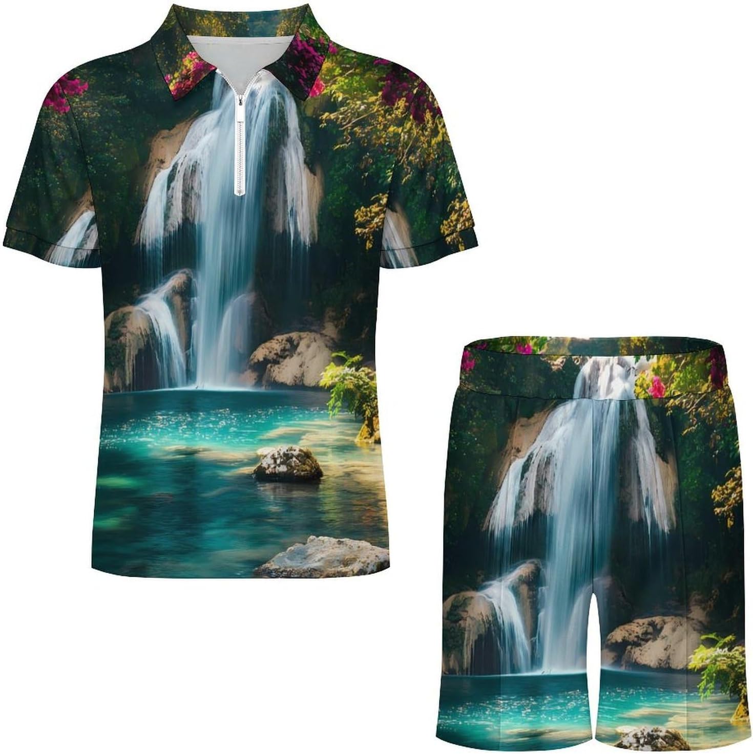 Waterfall in Tropical Rainforest Mens Polo Shirts Track Suits 2 Piece Short Sleeve Sweatsuit 1/4 Zip Golf Loungewear for Sports