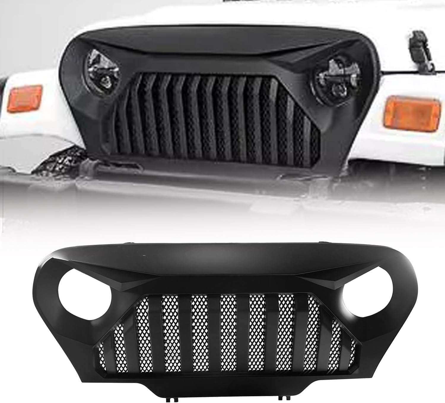 Matte Black Front Grill Grille with Mesh for 1997-2006 Jeep Wrangler TJ, Front Grille Cover Replacement for Gladiator Angry Bird