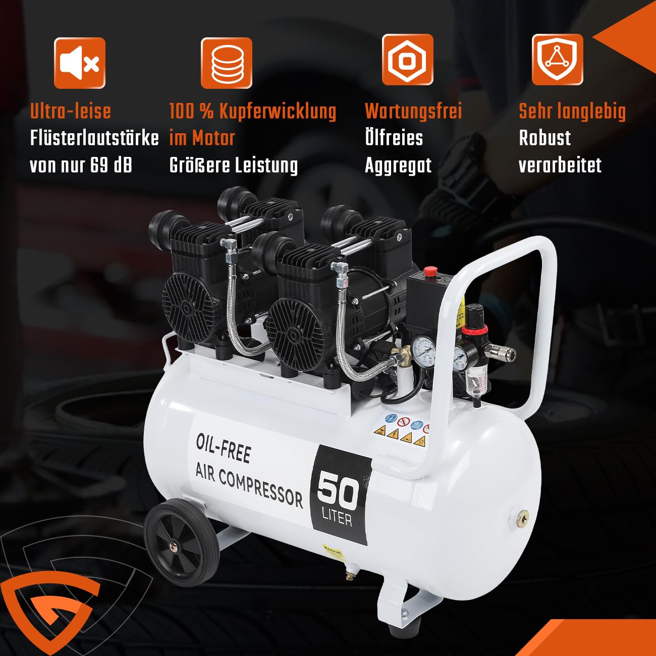 50L Flüsterkompressor Kompressor Luftkompressor 2800RPM 230 Volt 10 Bar 2,2KW 50Liter 69 dB 340 l/min Silent Druckluftkompressor inklusive Druckminderer und Wasserabscheider