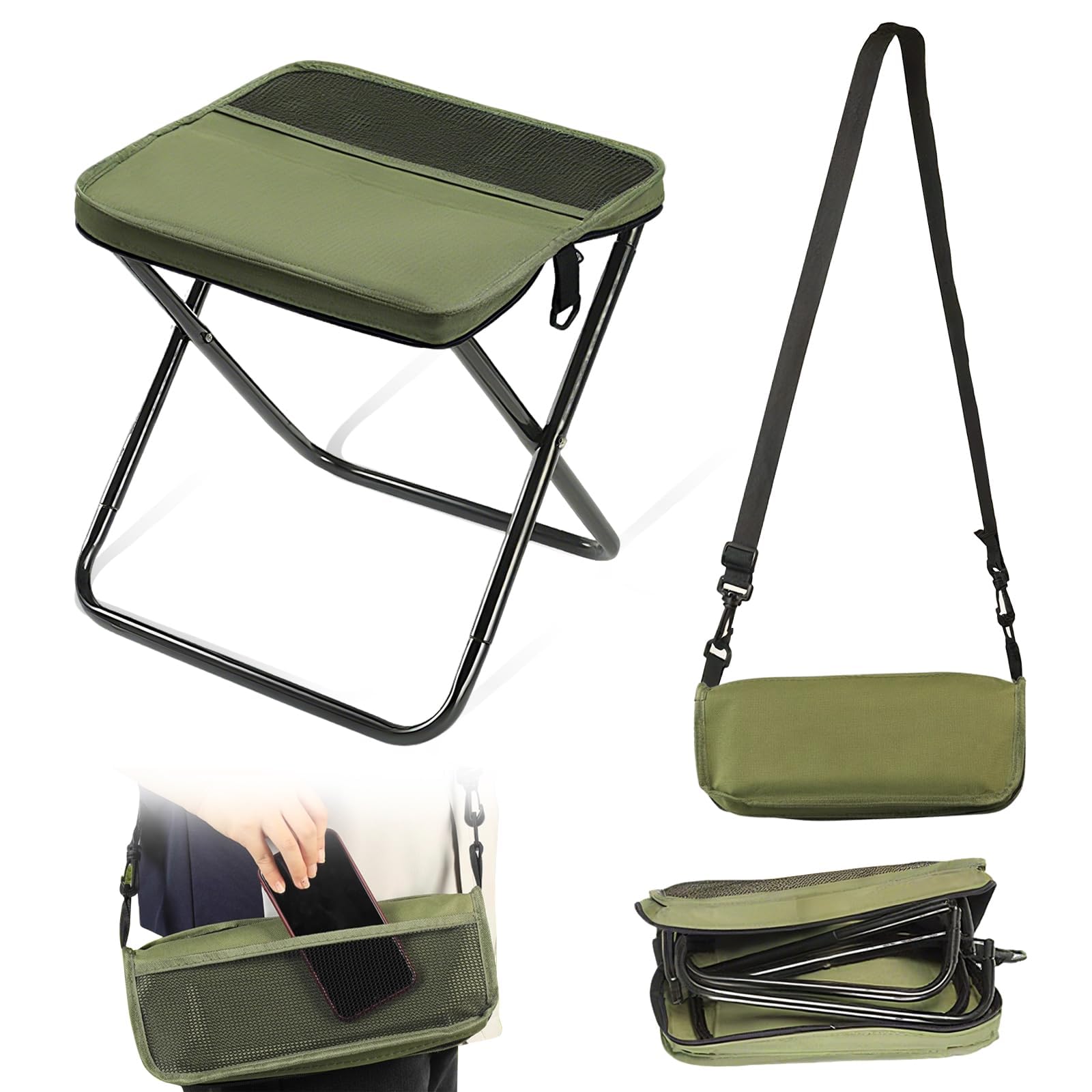 nnOuOnn Portable Foldable Backpack Stool for Camping, Small Folding Chair for adults, Lightweight Mini Pocket Fold Up Telescopic Stools for Fishing Travel Hiking Garden (Green, Small)