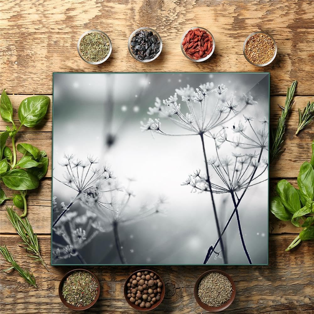 Herdabdeckplatte Abdeckung Ceranfeld Abdeckplatte Schneidebrett 1-Teilig 60x52 Pusteblume Wilder Dill Grau Spritzschutz Glasplatte Ceranfeldabdeckung Herdschutz Sicherheitsglas Glasschneidebrett