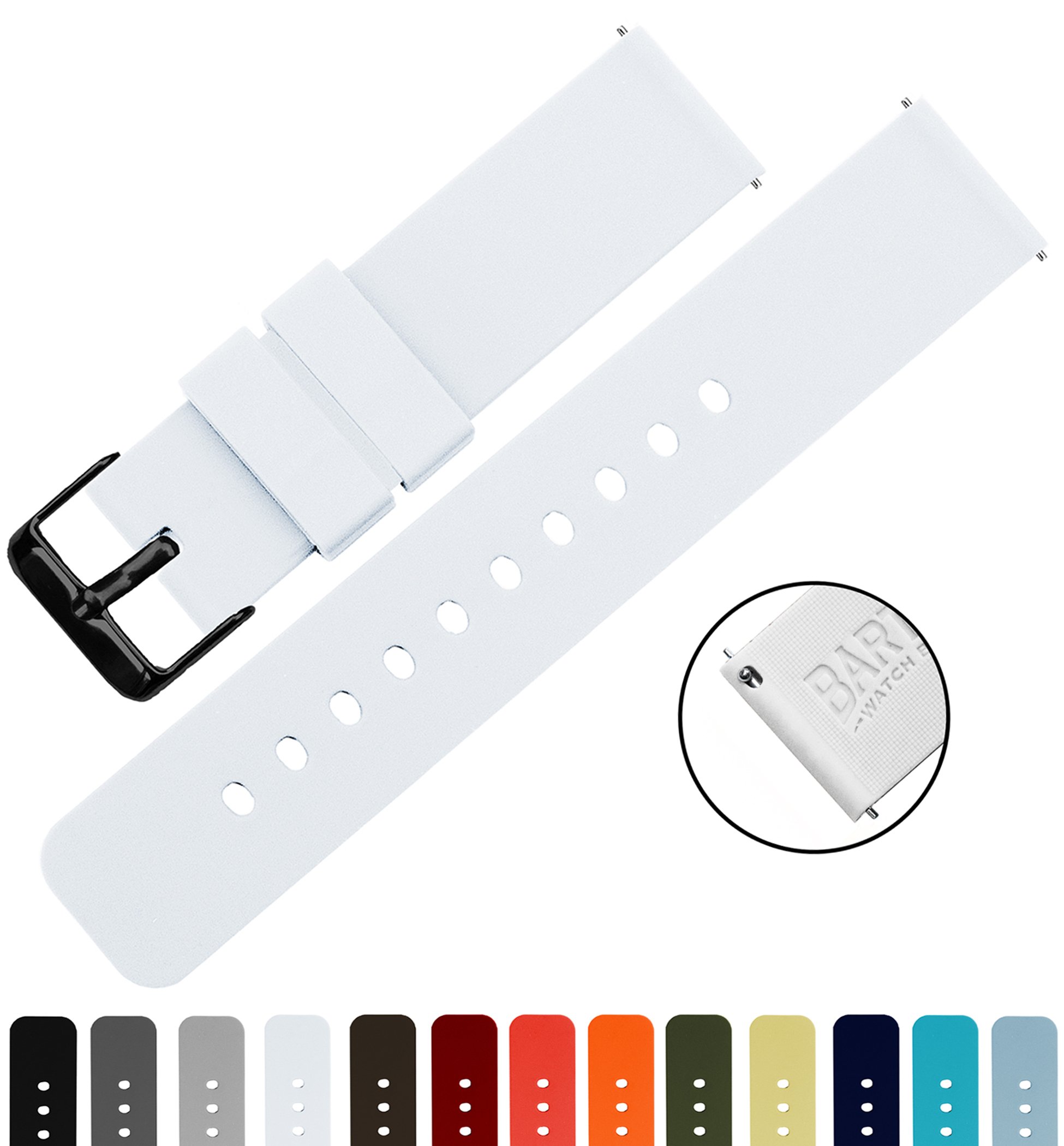 BARTON WATCH BANDS 18mm White Soft Silicone Quick Release - Black Buckle