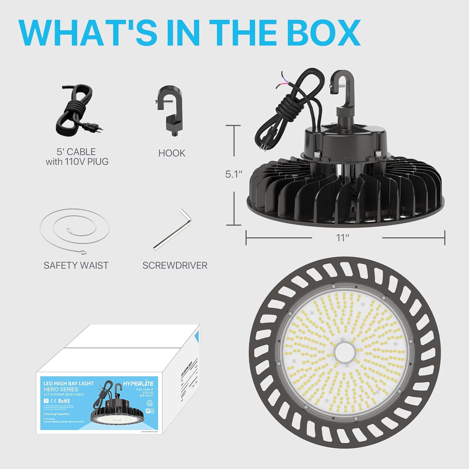 Contents of the HYPERLITE UFO LED High Bay Light 150W box