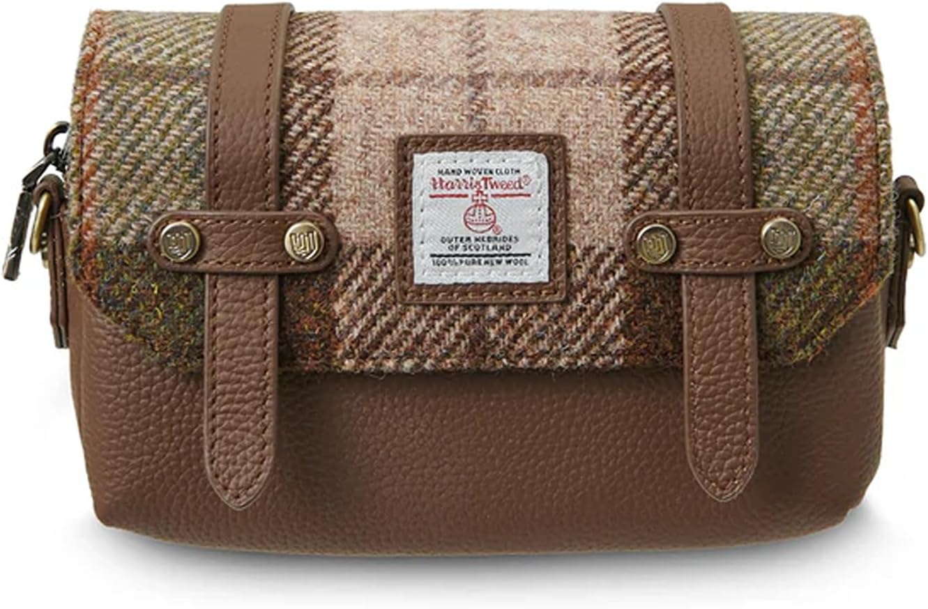 Islander Harris Tweed Pouch with Leather Trim, Magnetic Lid and Zip Closure, 4.72 x 7.48 x 2.75 in (Chestnut Tartan)