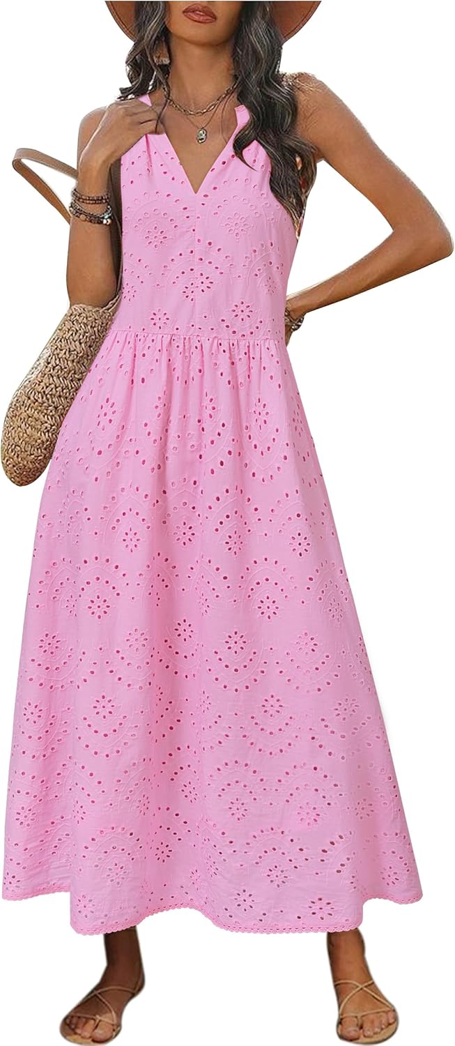 Newshows Women's 2025 Summer Maxi Dresses Halter V Neck Eyelet Hollow Out Long Flowy Beach Vacation Boho Dress with Pockets