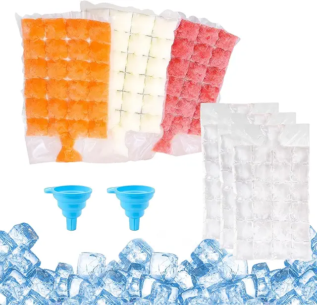 Eiswürfelbeutel 100 Stück mit Trichter - Selbstverschließende Einweg-Gefrierbeutel für Getränke