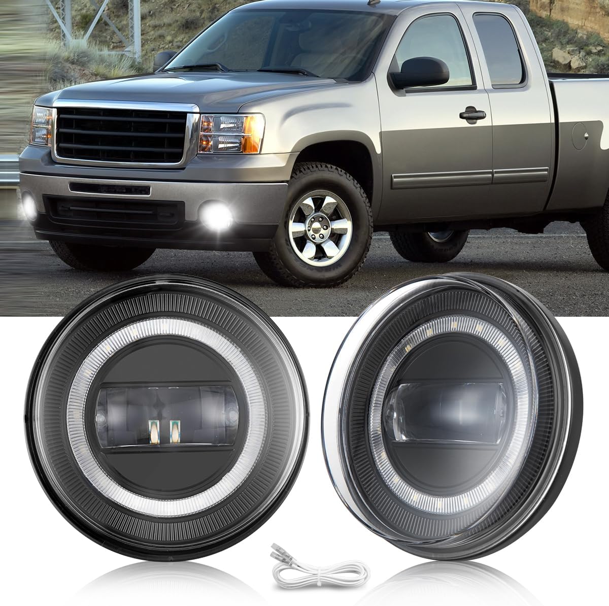 LED Fog Lights Compatible with GMC Sierra 1500 2500HD 3500HD 2007 2008 2009 2010 2011 2012 2013 2014 LED Fog Light Assembly Kit for Trucks Bumper Driving Lamps Replacement - Black